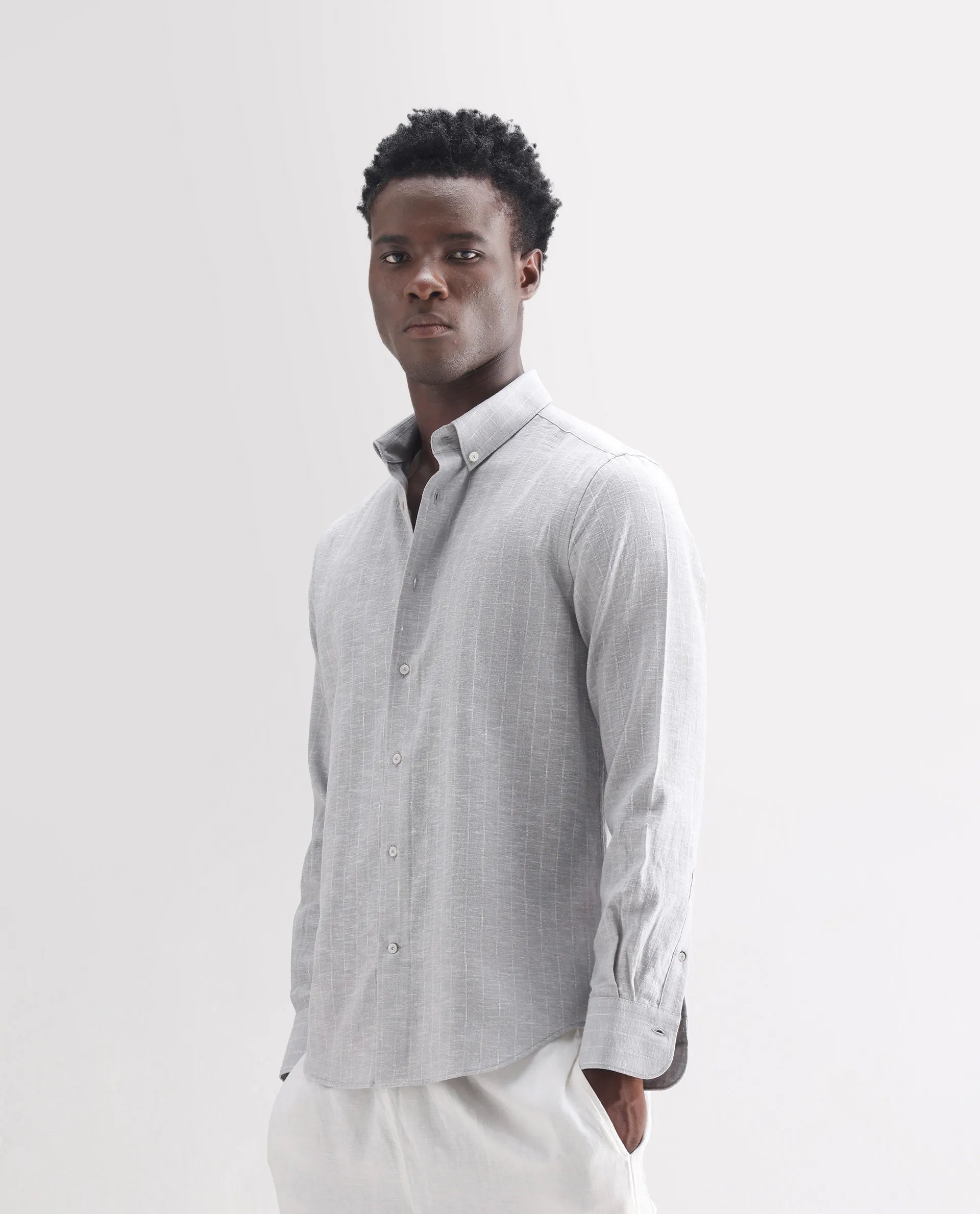 Rare Rabbit Men's Anders Light Grey 100% Linen Striped Print Regular Fit Full Sleeve Collared Shirt