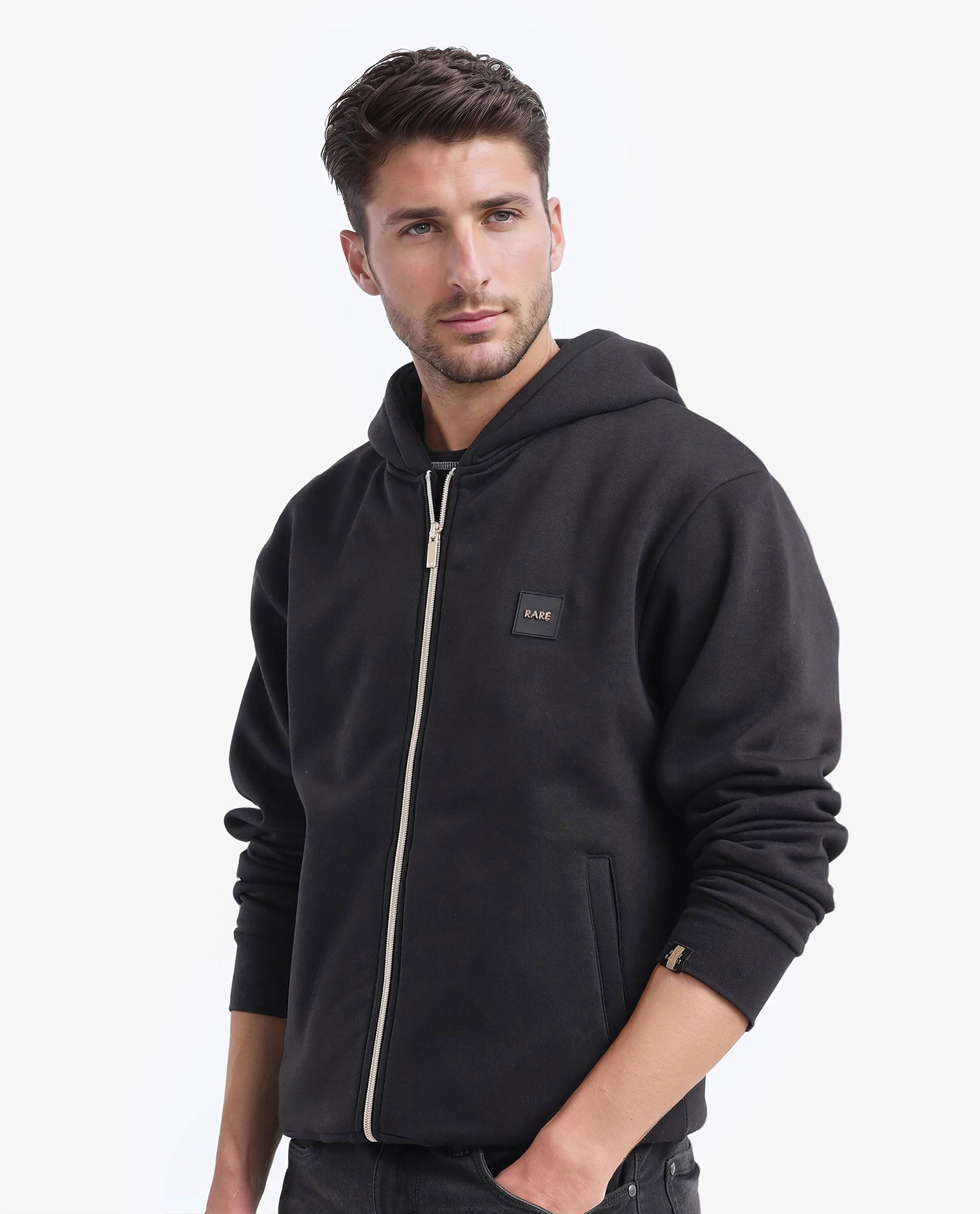 Rare Rabbit Men's Anderson-2 Black Cotton Brand Logo Print Regular Fit Full Sleeve Hooded Sweatshirt