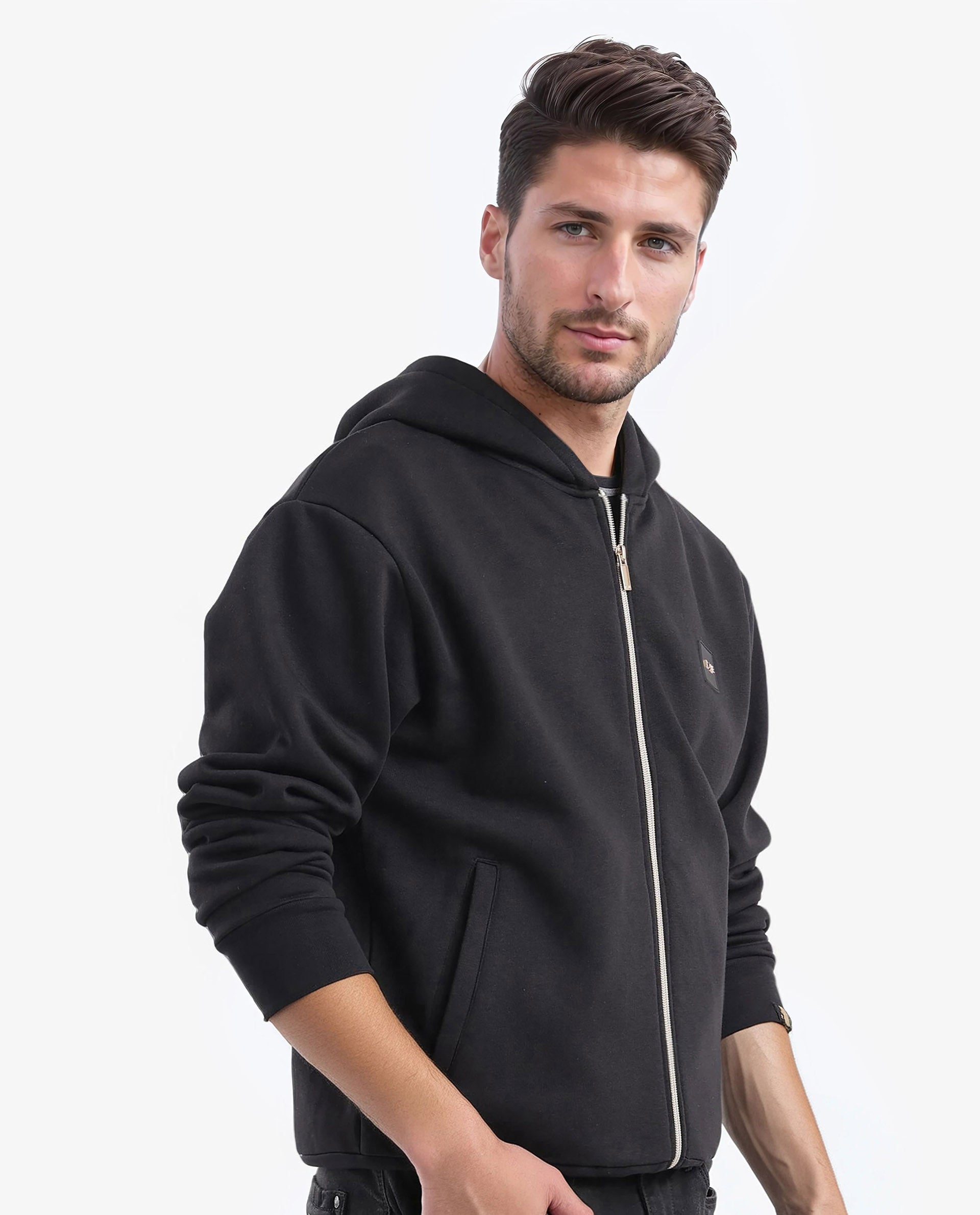 Rare Rabbit Men's Anderson-2 Black Cotton Brand Logo Print Regular Fit Full Sleeve Hooded Sweatshirt