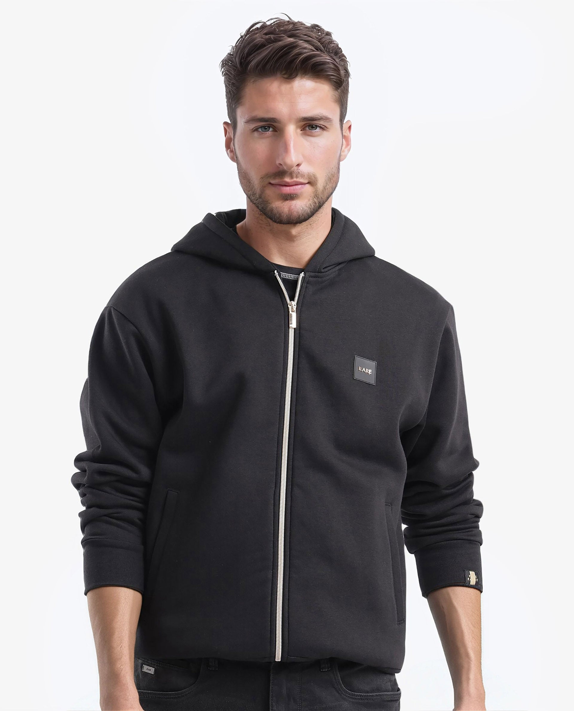 Rare Rabbit Men's Anderson-2 Black Cotton Brand Logo Print Regular Fit Full Sleeve Hooded Sweatshirt