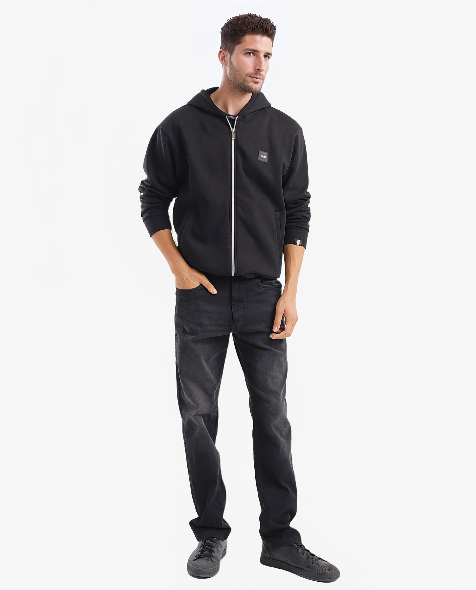 Rare Rabbit Men's Anderson-2 Black Cotton Brand Logo Print Regular Fit Full Sleeve Hooded Sweatshirt