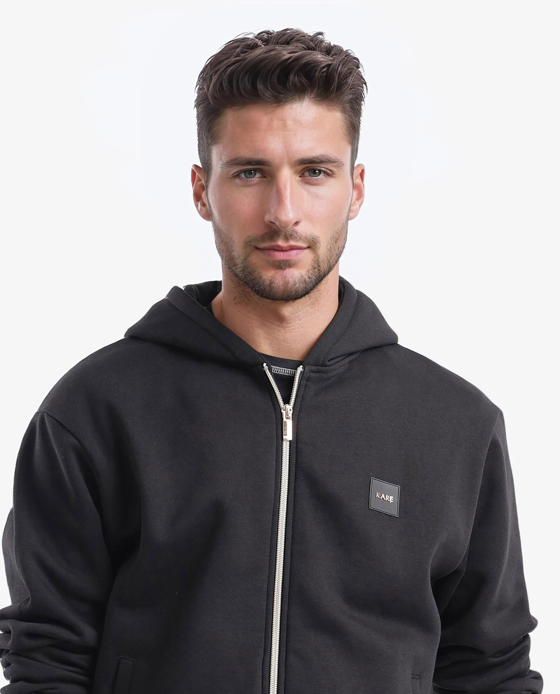 Rare Rabbit Men's Anderson-2 Black Cotton Brand Logo Print Regular Fit Full Sleeve Hooded Sweatshirt