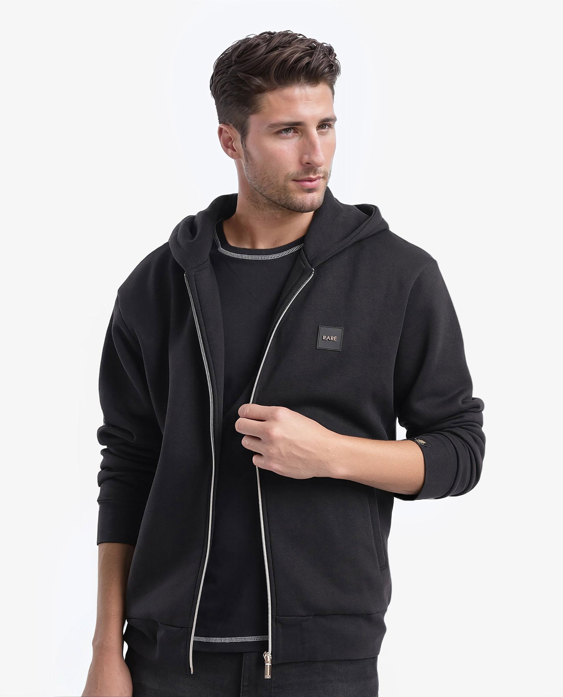 Rare Rabbit Men's Anderson-2 Black Cotton Brand Logo Print Regular Fit Full Sleeve Hooded Sweatshirt