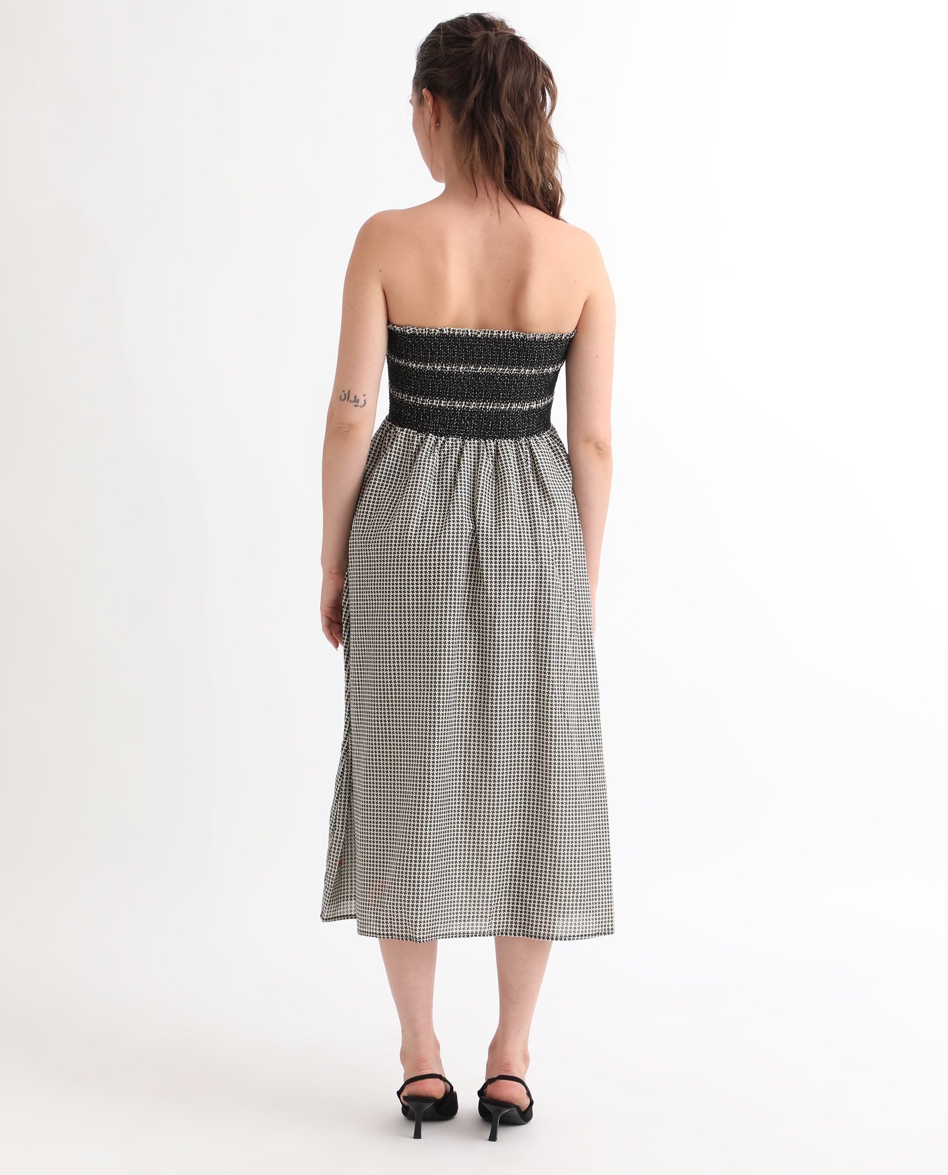 Rareism Women Anderson Beige Cotton Fabric Tube Neck Sleeveless Relaxed Fit Geometric Print Midi Empire Dress