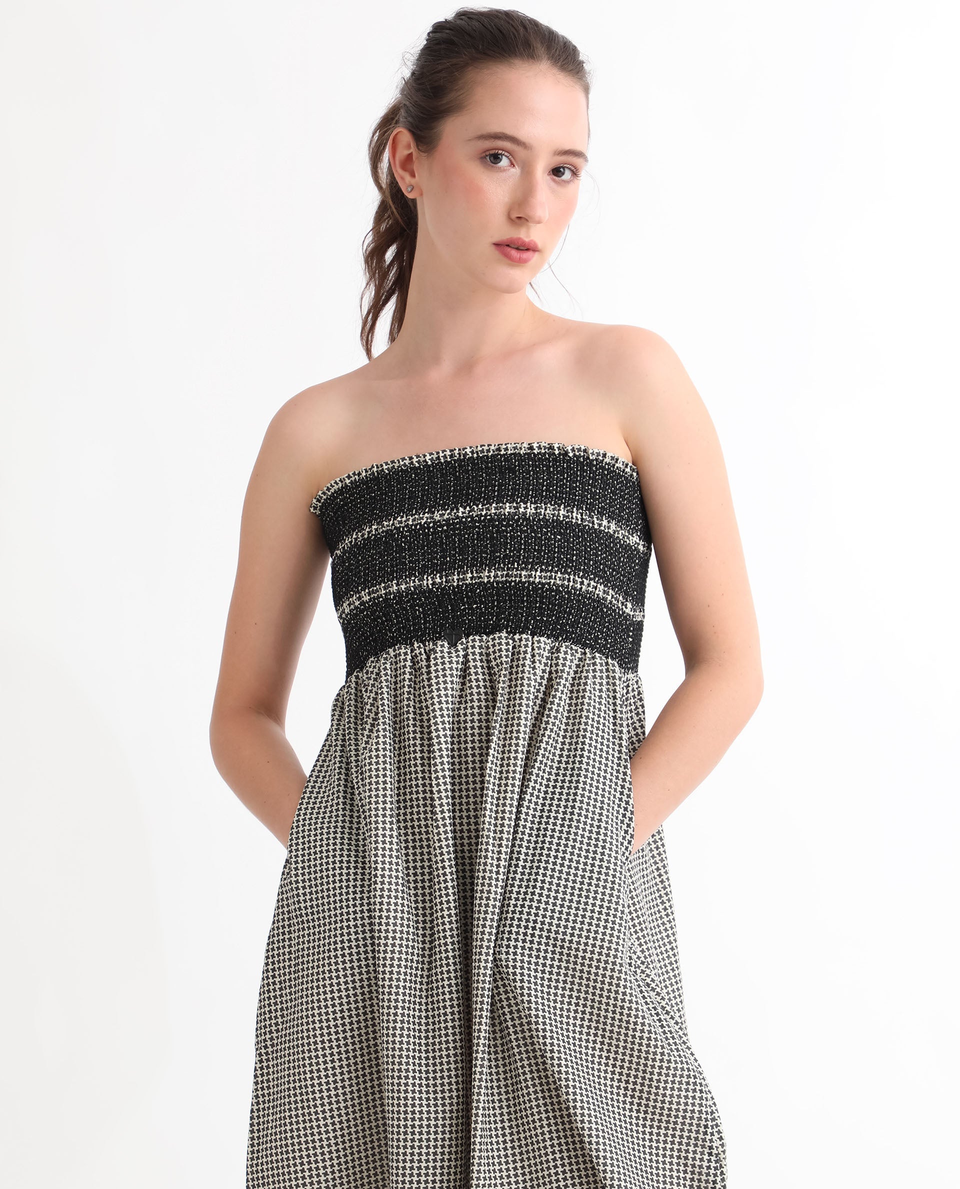 Rareism Women Anderson Beige Cotton Fabric Tube Neck Sleeveless Relaxed Fit Geometric Print Midi Empire Dress