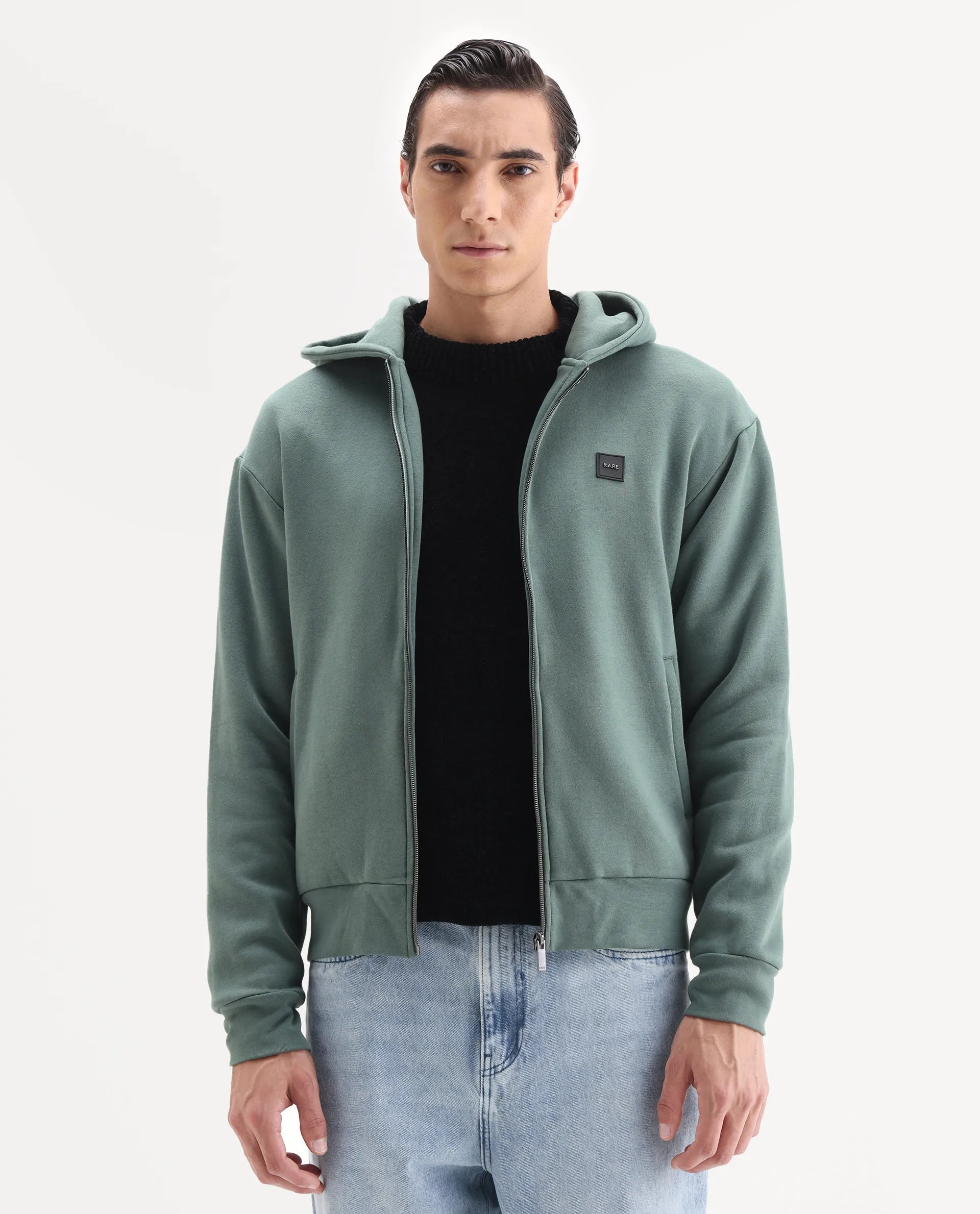 Rare Rabbit Men's Anderson-T25 Dusky Green Cotton Blend Plain Regular Fit Full Sleeve Hooded Sweatshirt
