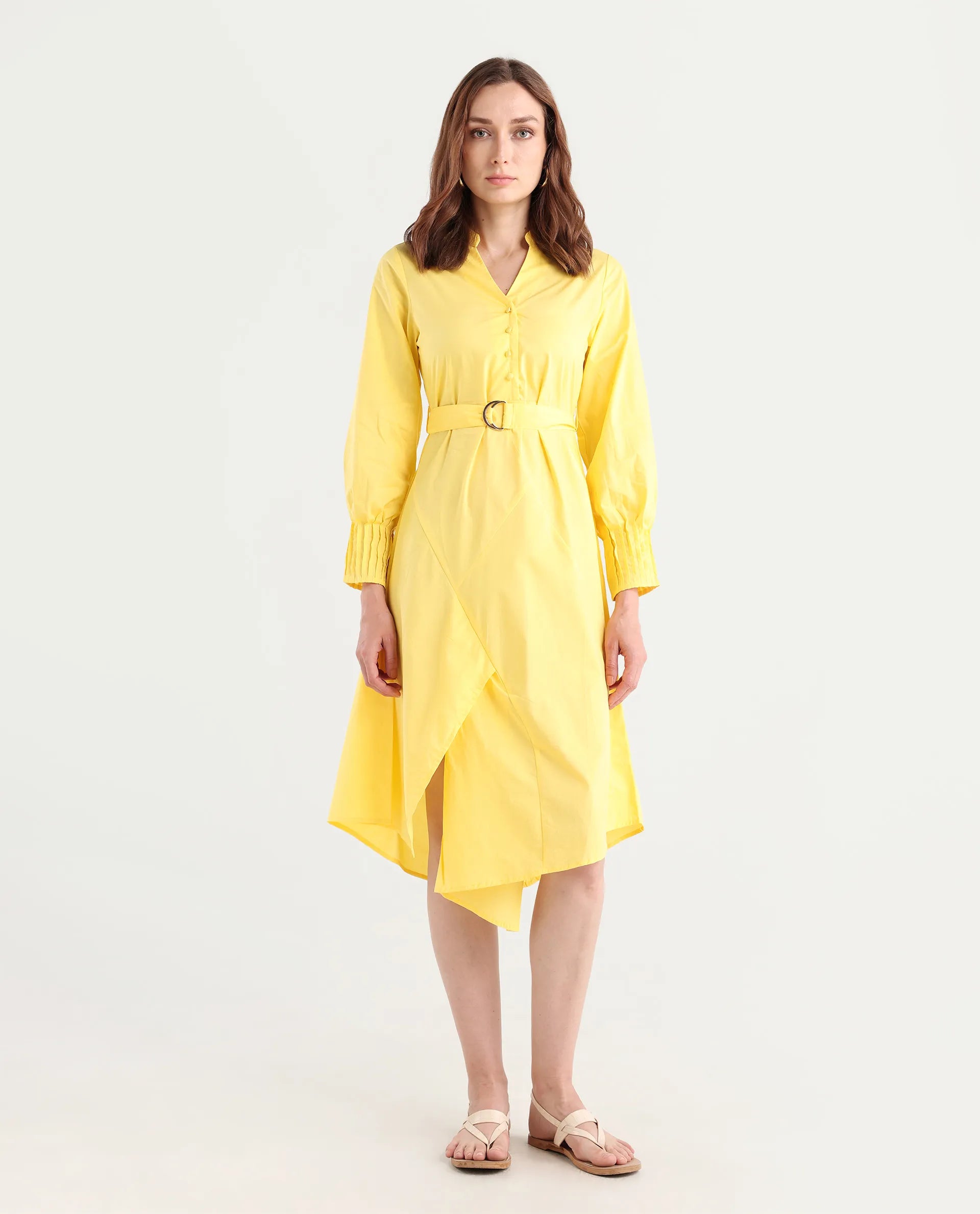 Rareism Women's Andma Yellow Cotton Mandarin Collar Dyed Cuffed Sleeve Midi Fit And Flare Dress