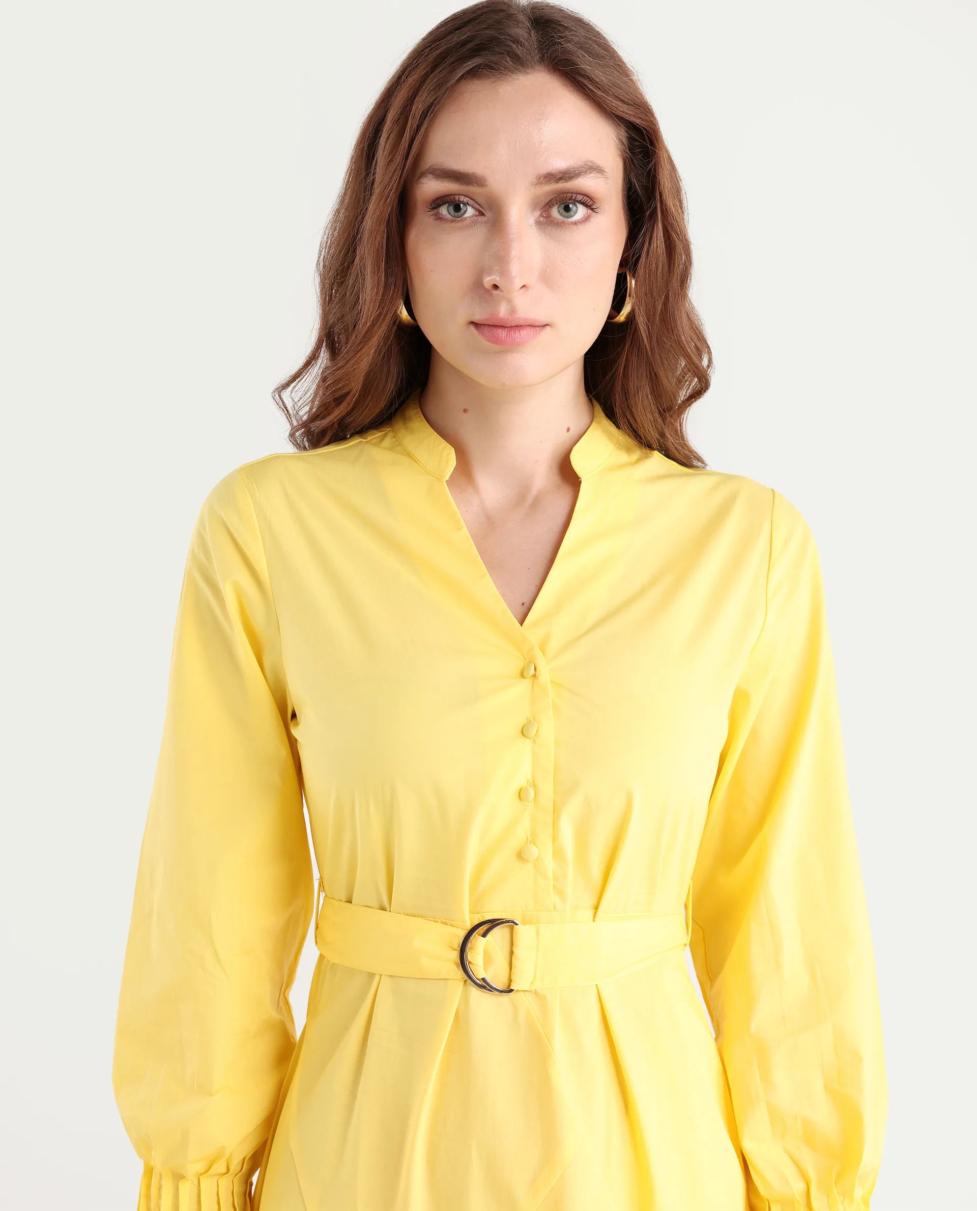Rareism Women's Andma Yellow Cotton Mandarin Collar Dyed Cuffed Sleeve Midi Fit And Flare Dress