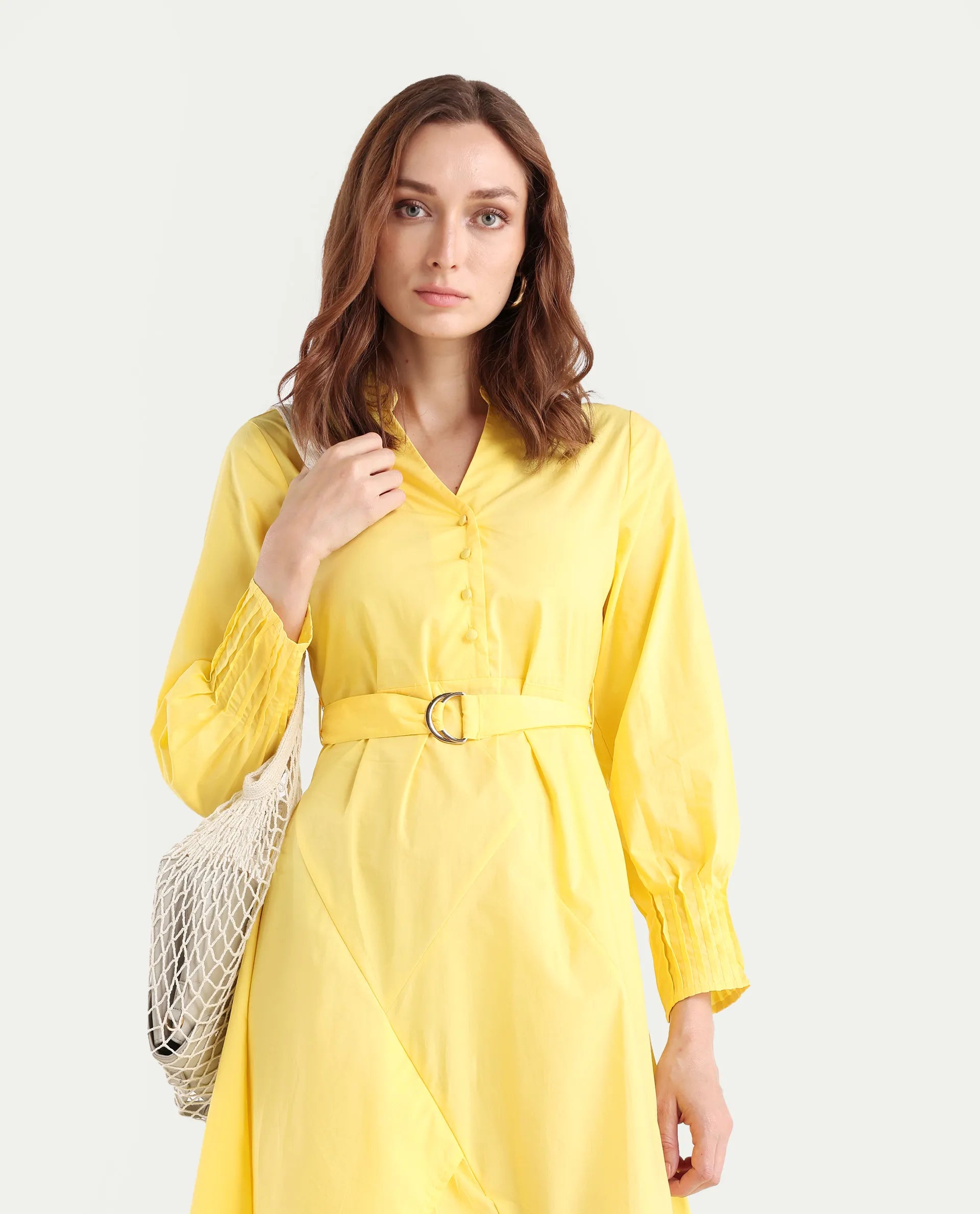 Rareism Women's Andma Yellow Cotton Mandarin Collar Dyed Cuffed Sleeve Midi Fit And Flare Dress