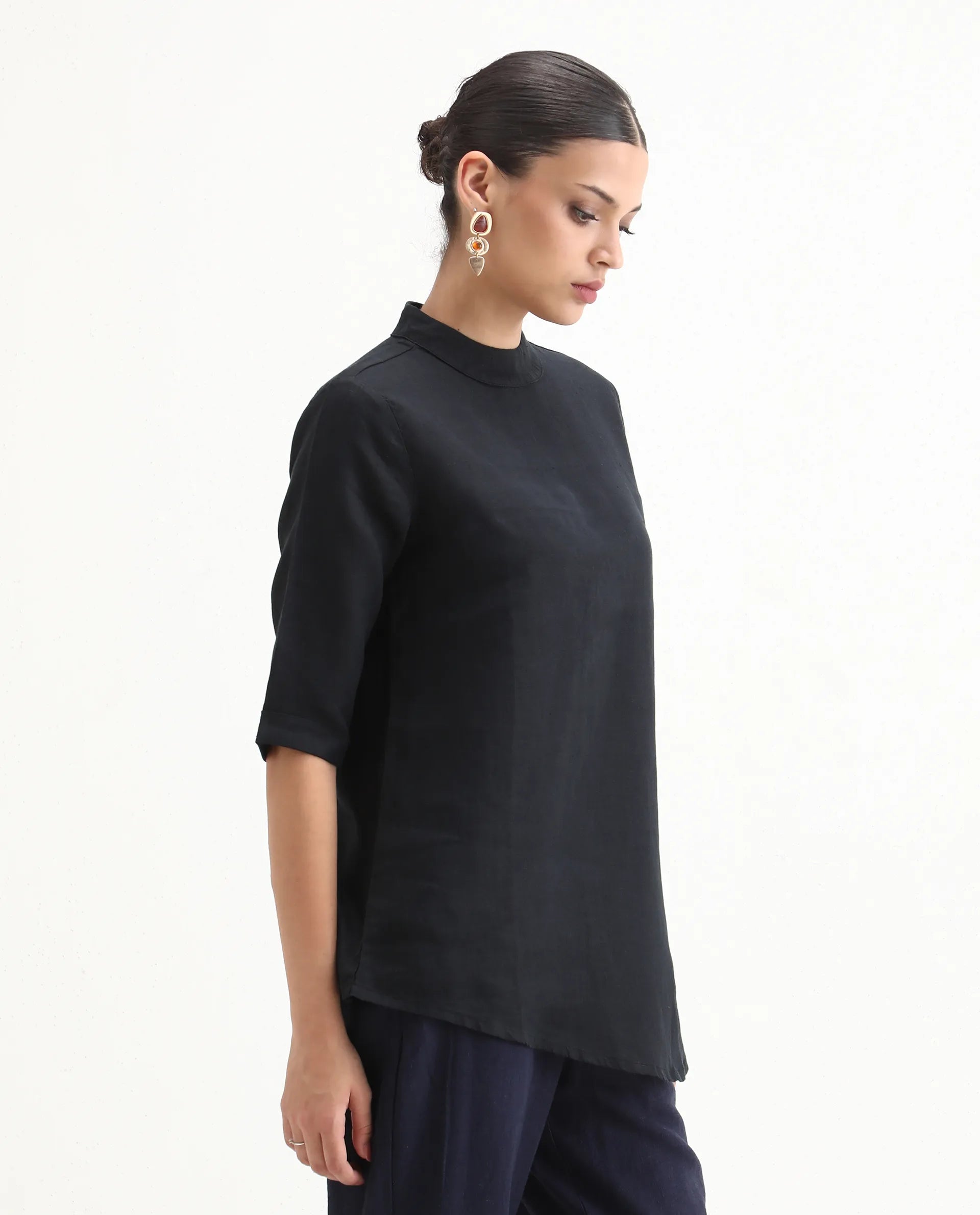 Rareism Womens Andrea Black Top Linen Fabric Regular Fit Full Sleeve High Neck