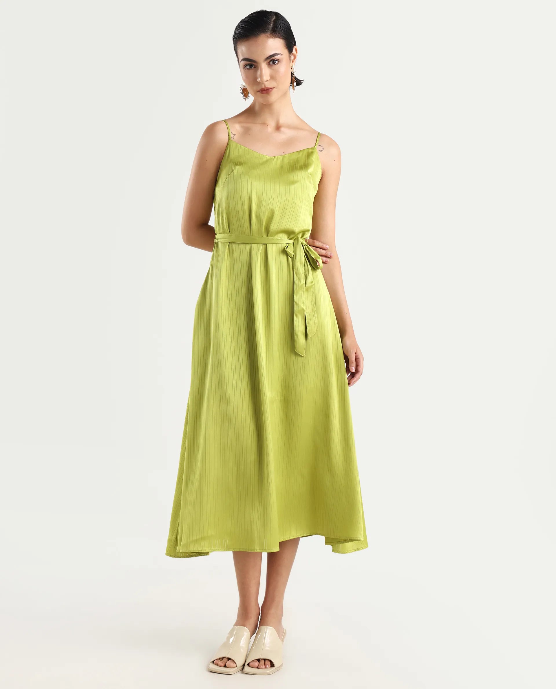 Rareism Women's Andrei Flouroscent Green Shoulder Strap Plain Shoulder Strap Maxi Bodycon Dress