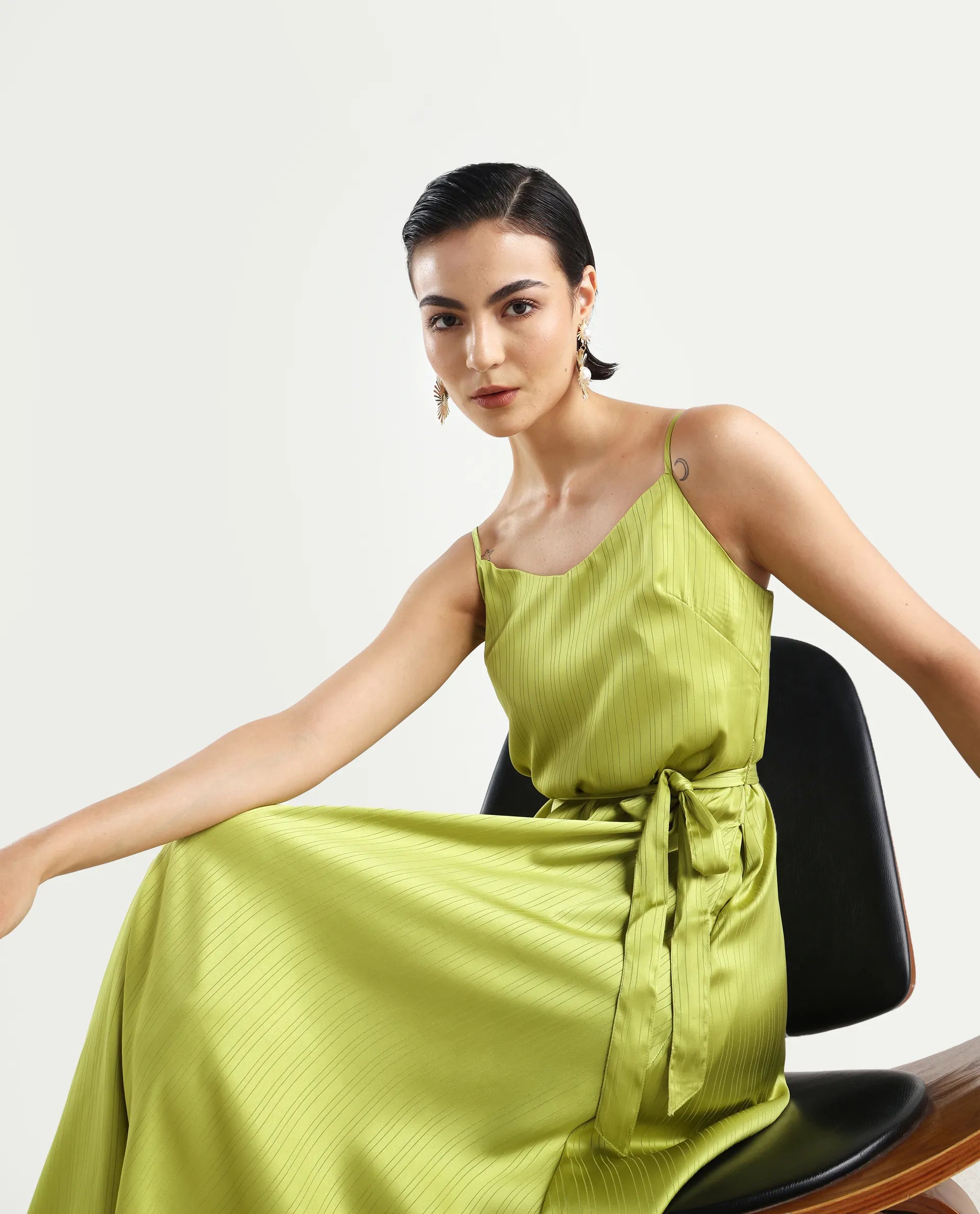 Rareism Women's Andrei Flouroscent Green Shoulder Strap Plain Shoulder Strap Maxi Bodycon Dress