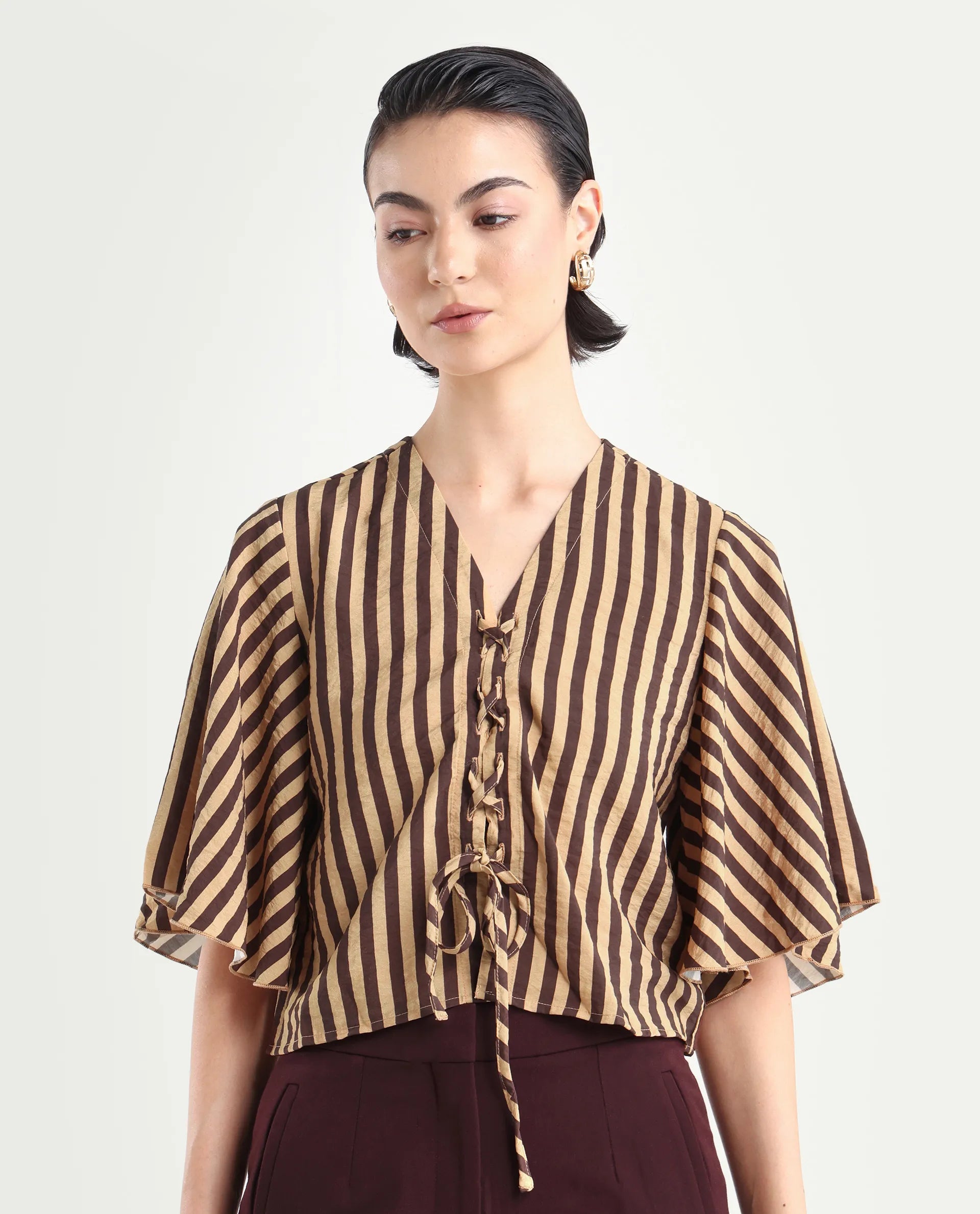 Rareism Women's Andria Brown Nylon Blend V-Neck Striped Bell Sleeve Crop Regular Fit Top