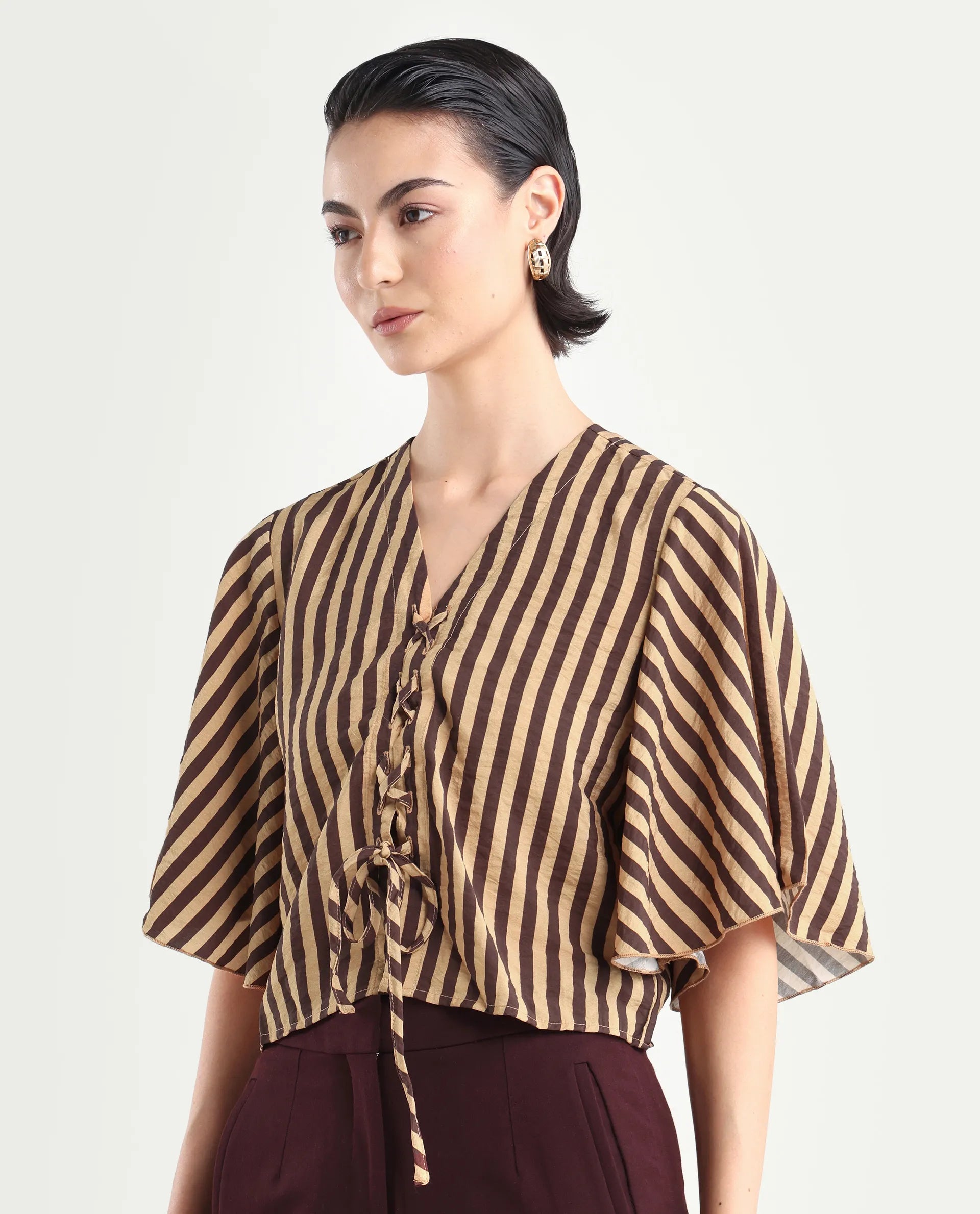 Rareism Women's Andria Brown Nylon Blend V-Neck Striped Bell Sleeve Crop Regular Fit Top