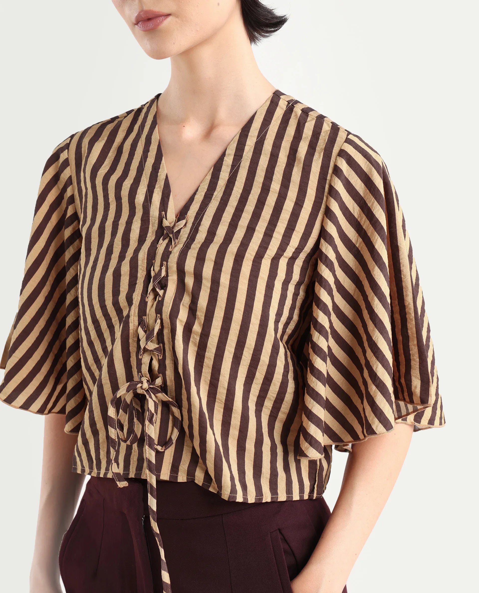 Rareism Women's Andria Brown Nylon Blend V-Neck Striped Bell Sleeve Crop Regular Fit Top