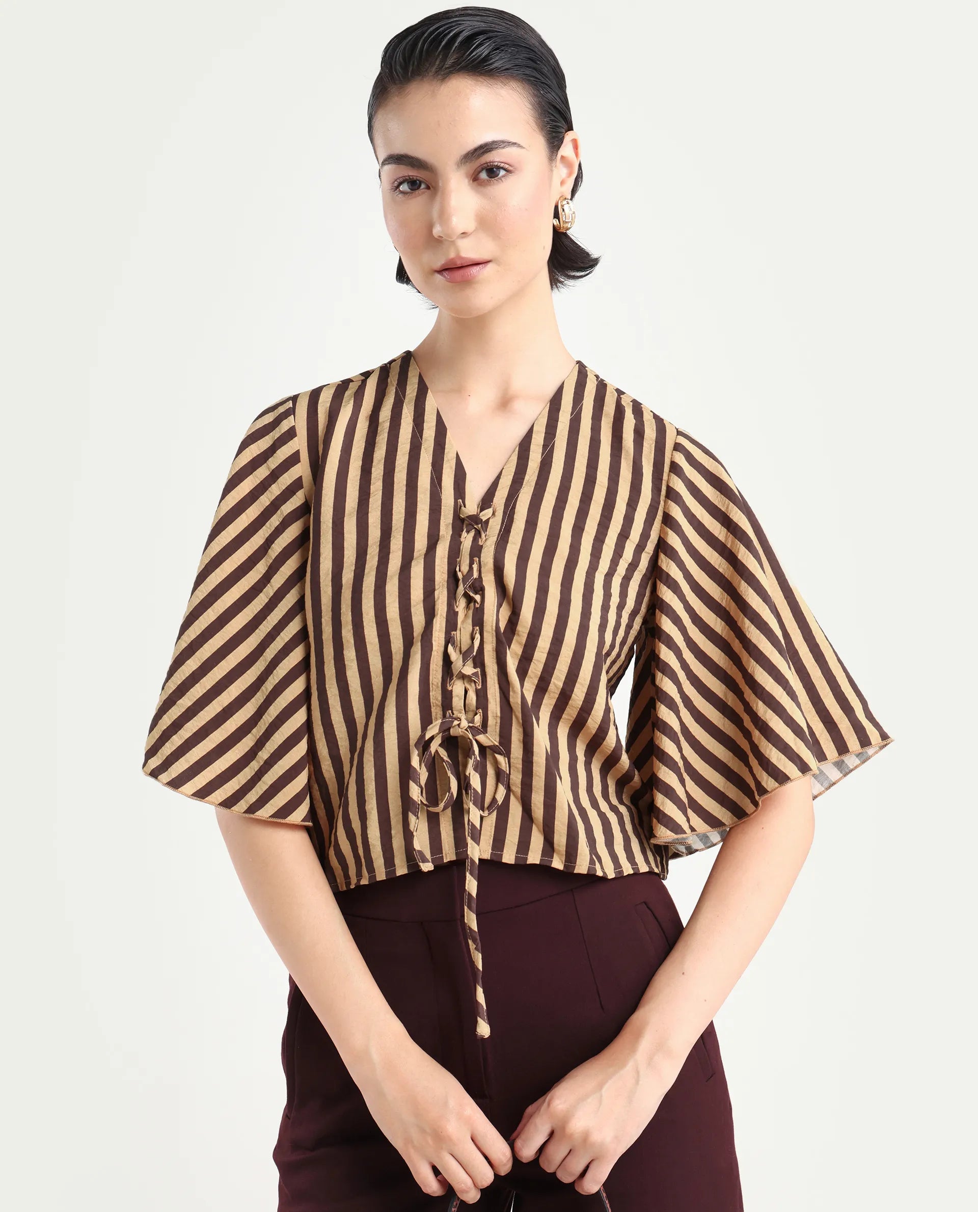 Rareism Women's Andria Brown Nylon Blend V-Neck Striped Bell Sleeve Crop Regular Fit Top