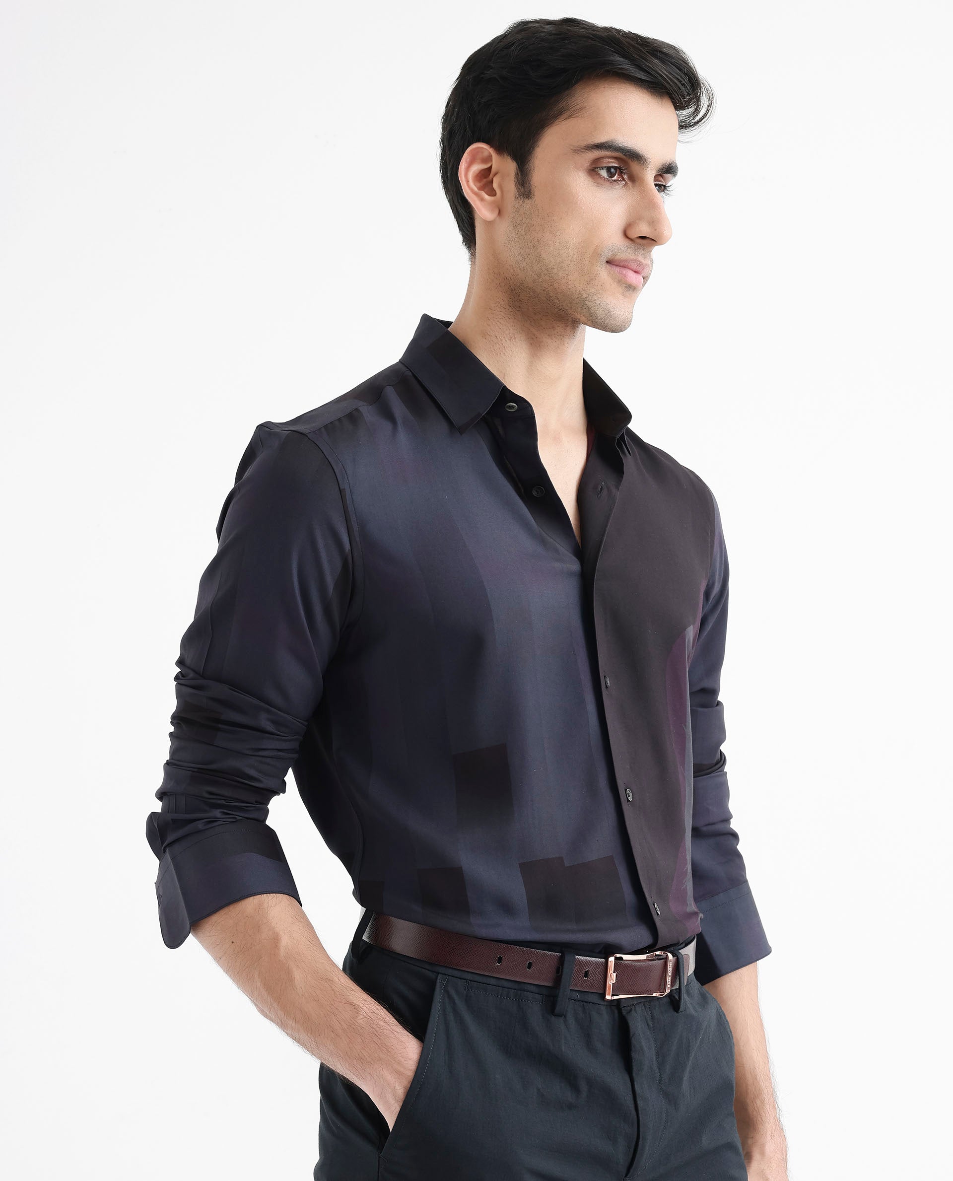 Rare Rabbit Men's Andron Dark Grey Viscose Fabric Full Sleeve Regular Fit Abstract Print Shirt