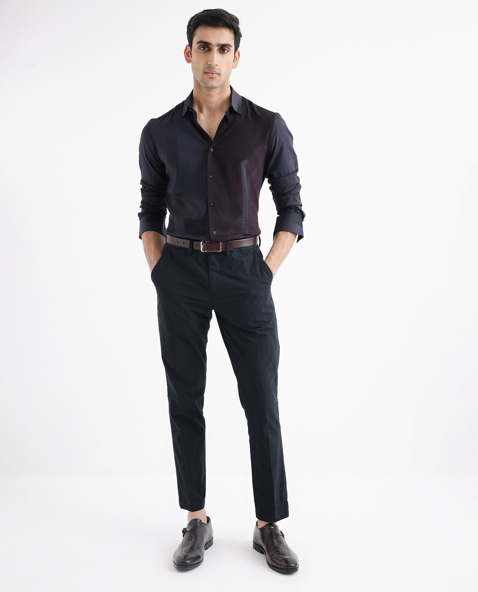 Rare Rabbit Men's Andron Dark Grey Viscose Fabric Full Sleeve Regular Fit Abstract Print Shirt