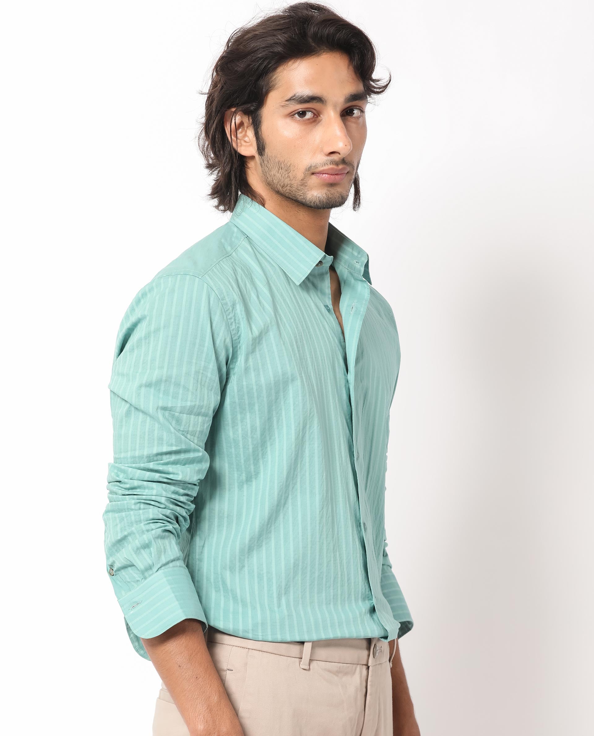 Rare Rabbit Men's Anemo Dusky Turq Cotton Fabric Full Sleeves Striped Shirt