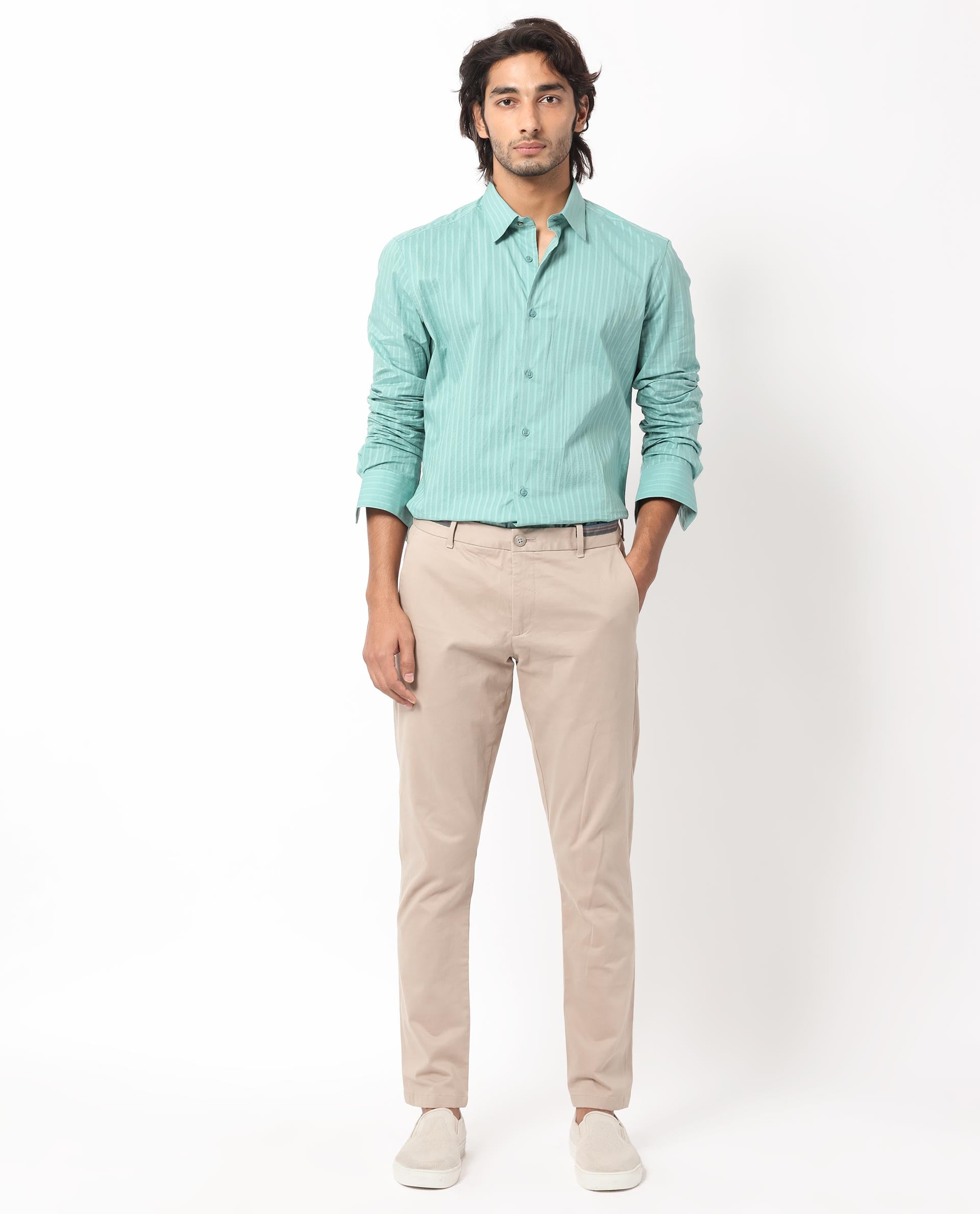 Rare Rabbit Men's Anemo Dusky Turq Cotton Fabric Full Sleeves Striped Shirt