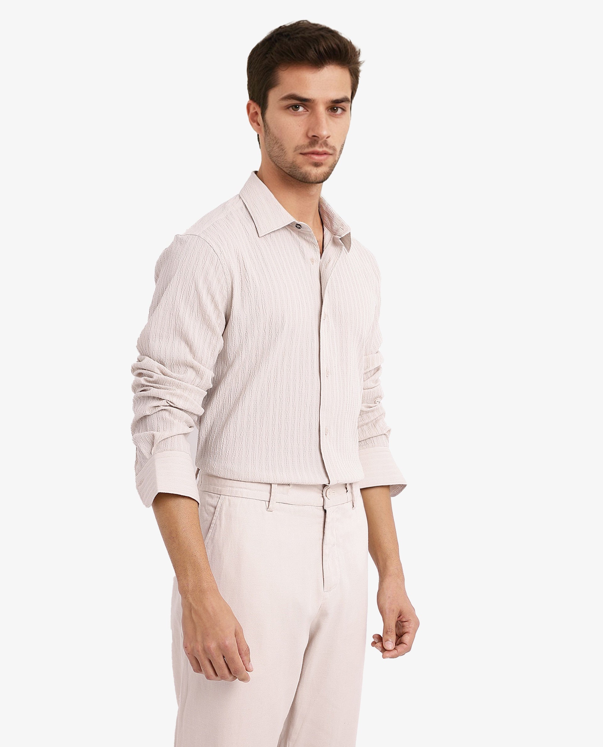 Rare Rabbit Men's Anemo Beige Cotton Fabric Full Sleeves Striped Shirt