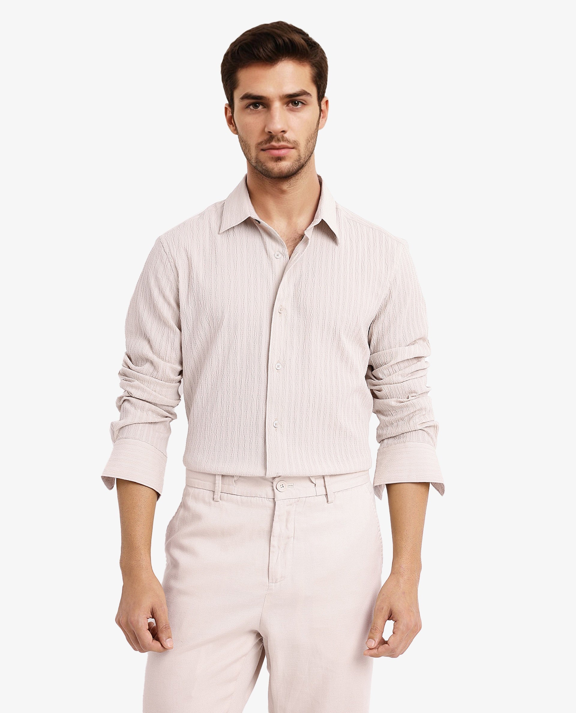 Rare Rabbit Men's Anemo Beige Cotton Fabric Full Sleeves Striped Shirt