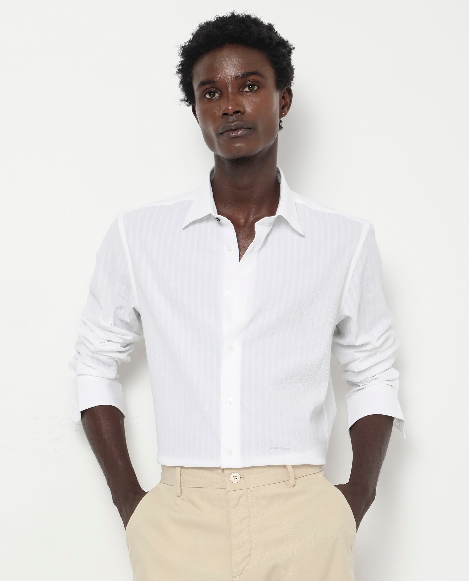 Rare Rabbit Men's Anemo White Cotton Fabric Full Sleeves Striped Shirt