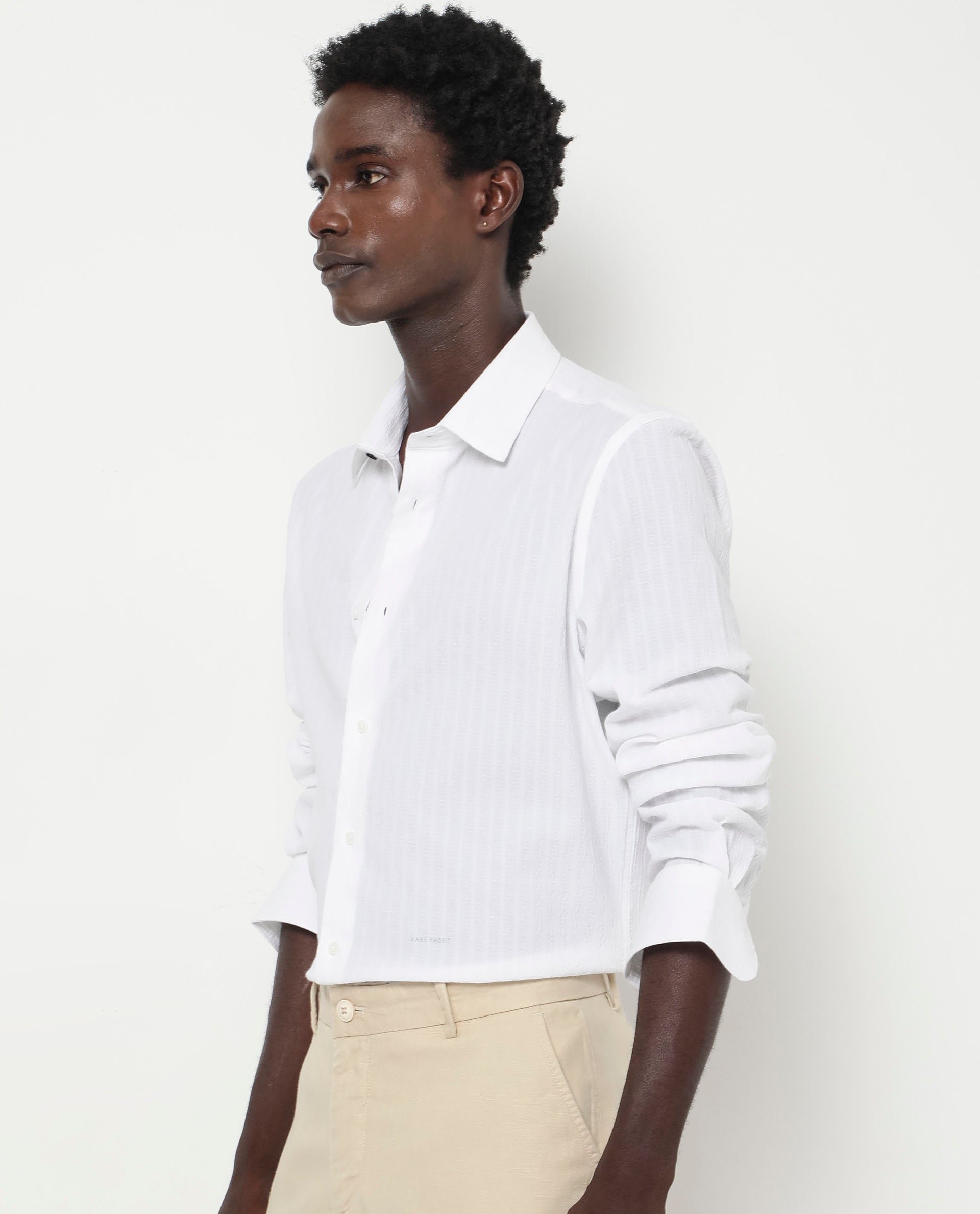 Rare Rabbit Men's Anemo White Cotton Fabric Full Sleeves Striped Shirt