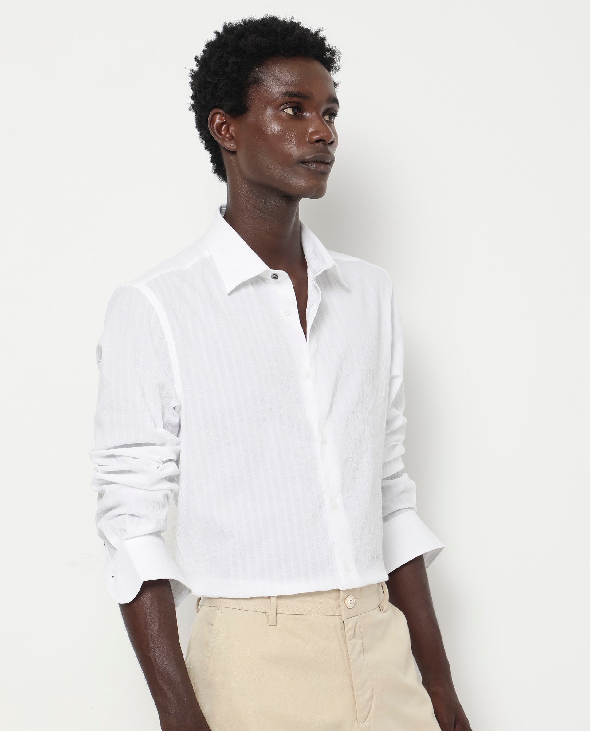 Rare Rabbit Men's Anemo White Cotton Fabric Full Sleeves Striped Shirt