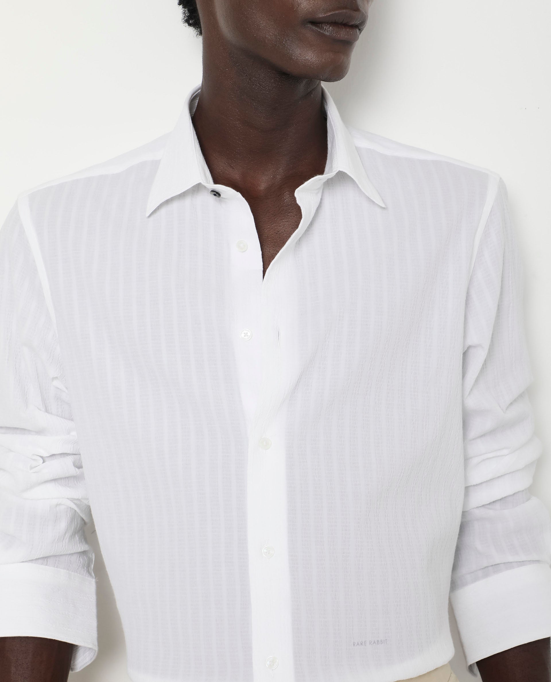 Rare Rabbit Men's Anemo White Cotton Fabric Full Sleeves Striped Shirt