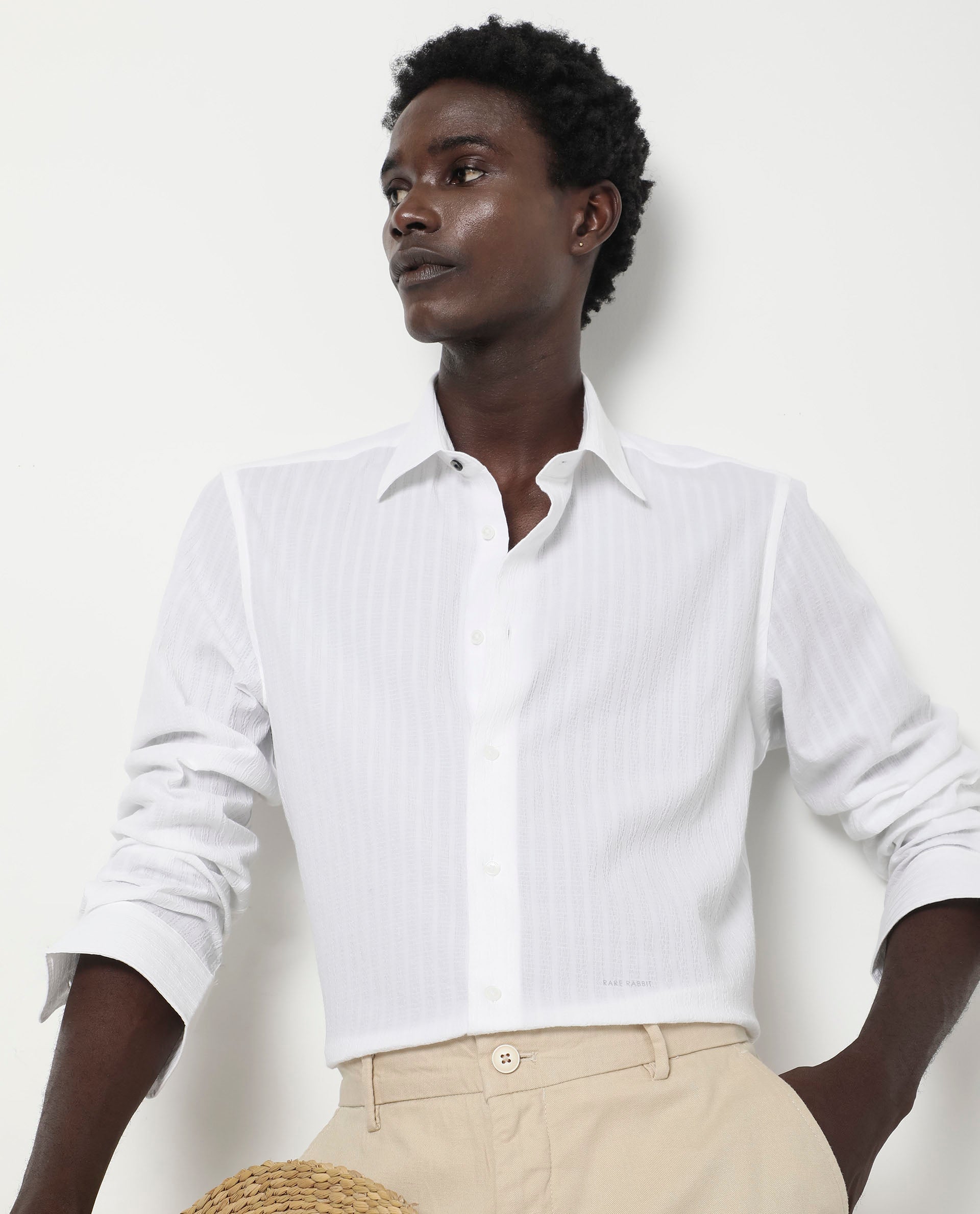 Rare Rabbit Men's Anemo White Cotton Fabric Full Sleeves Striped Shirt