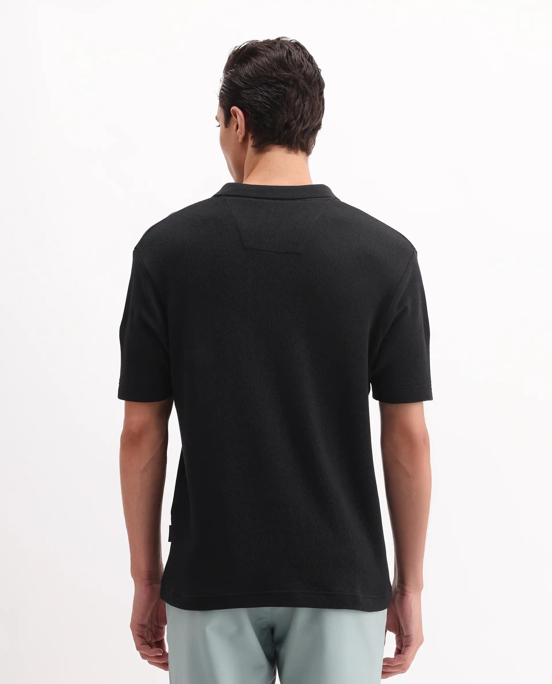 Rare Rabbit Men's Ania Black Cotton Plain Regular Fit Half Sleeve Polo
