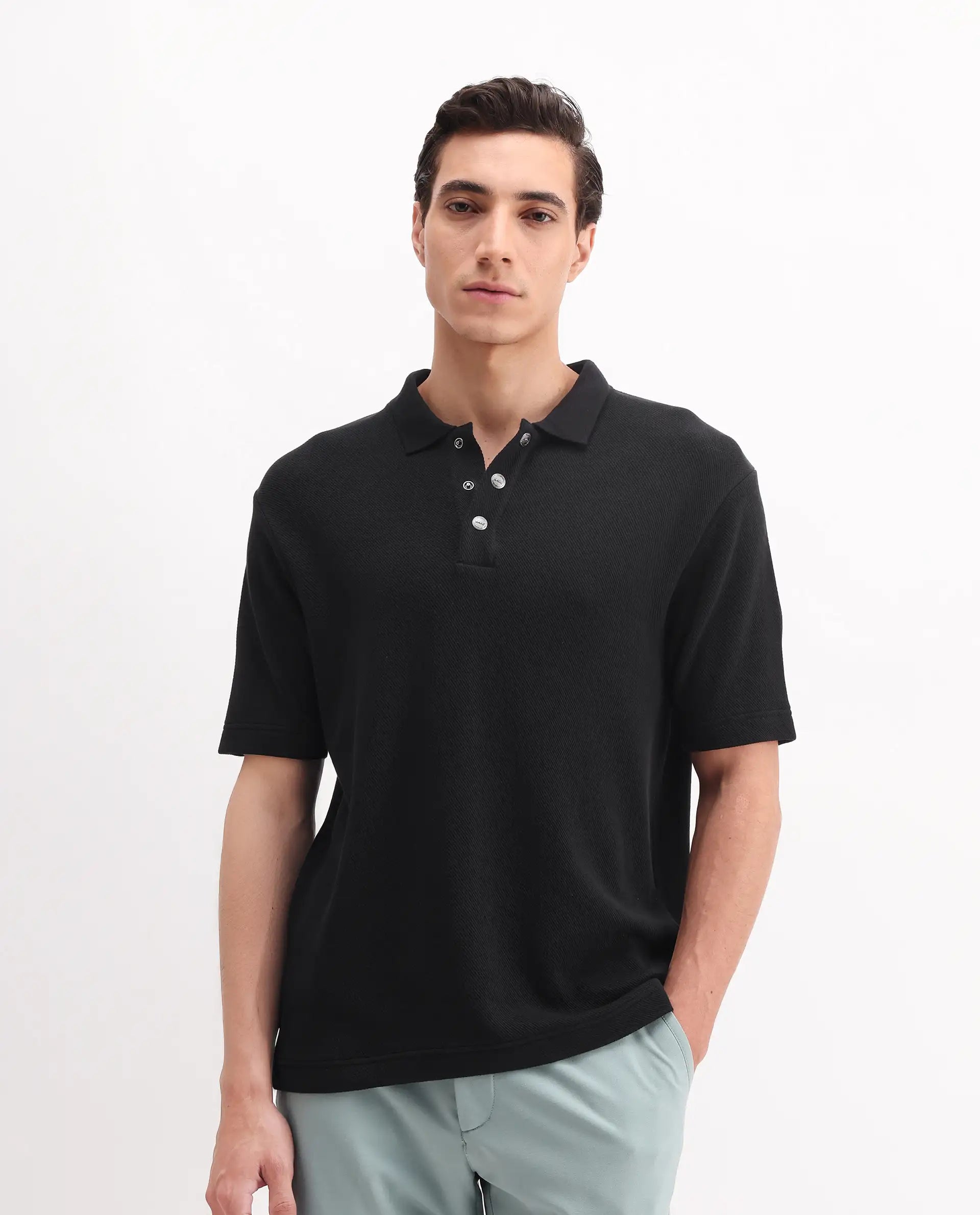Rare Rabbit Men's Ania Black Cotton Plain Regular Fit Half Sleeve Polo