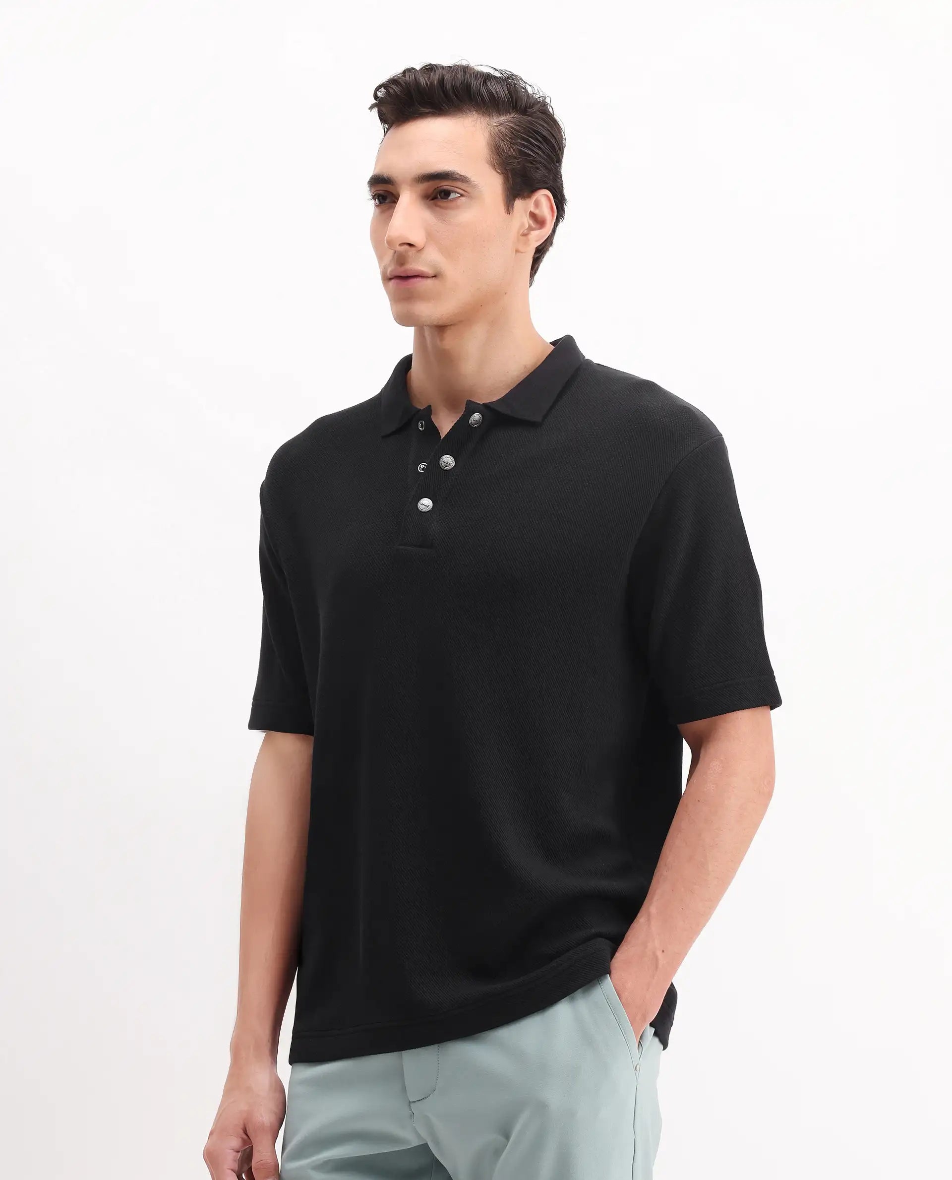 Rare Rabbit Men's Ania Black Cotton Plain Regular Fit Half Sleeve Polo