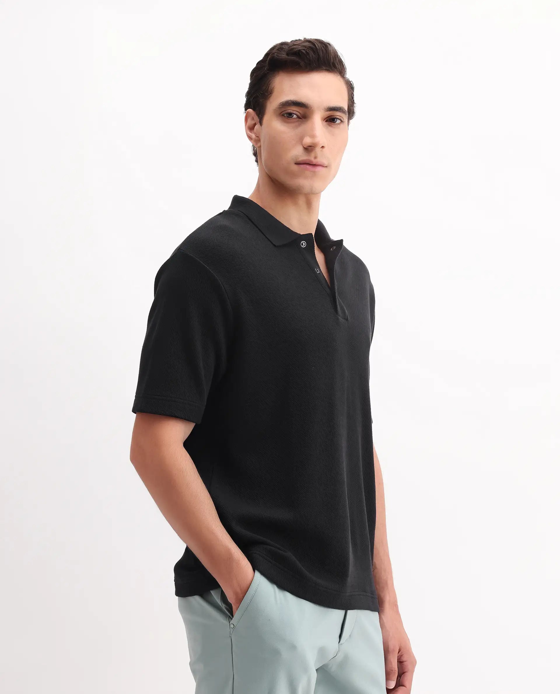Rare Rabbit Men's Ania Black Cotton Plain Regular Fit Half Sleeve Polo