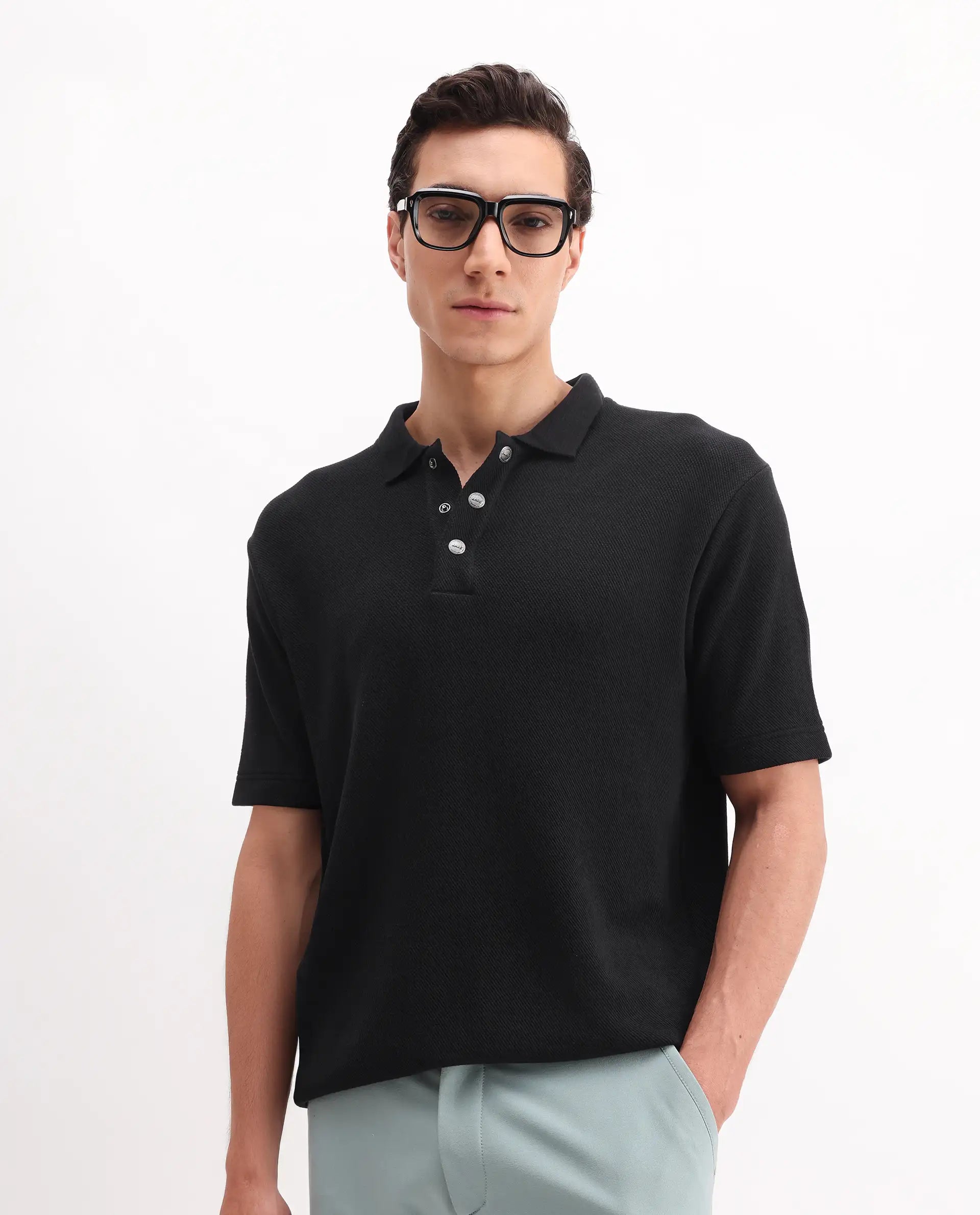 Rare Rabbit Men's Ania Black Cotton Plain Regular Fit Half Sleeve Polo