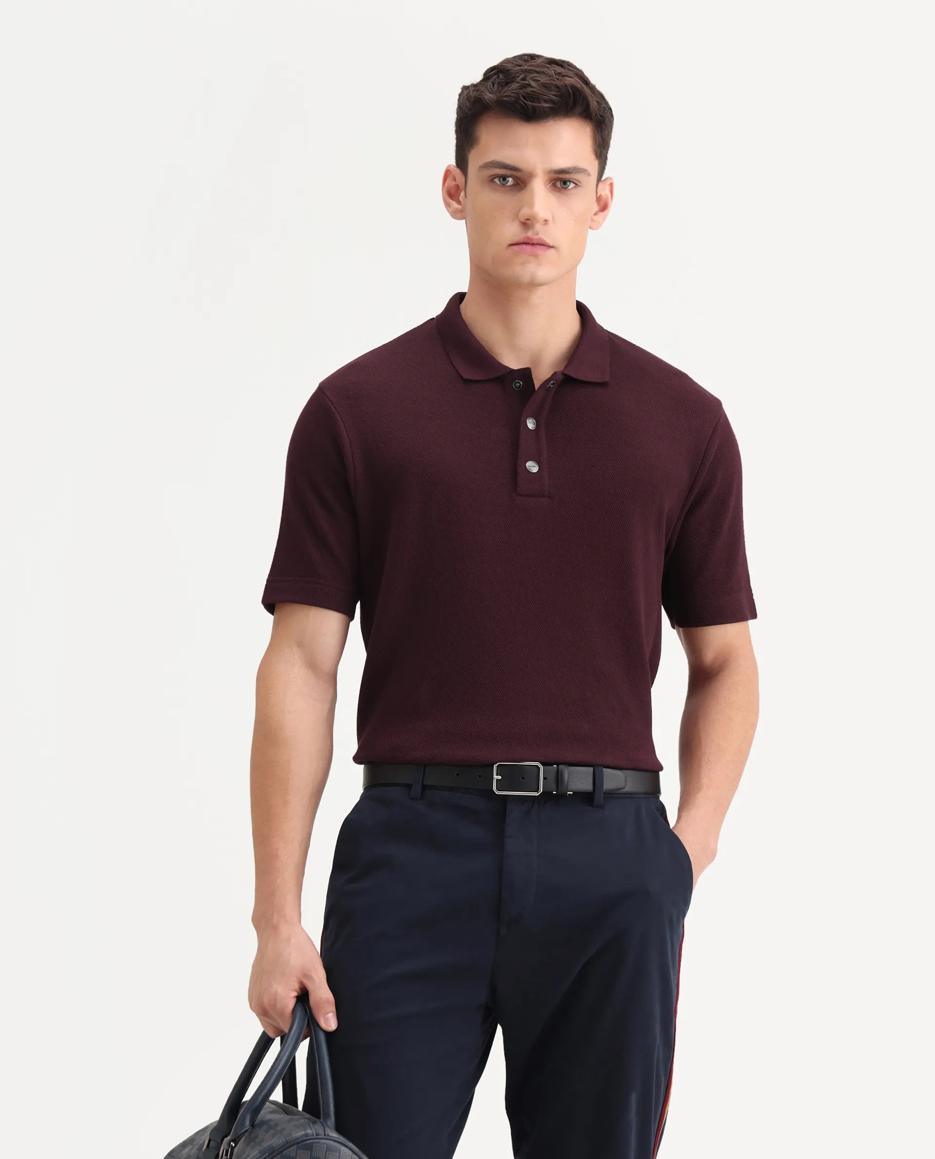 Rare Rabbit Men's Ania Dark Maroon Cotton Plain Regular Fit Half Sleeve Polo