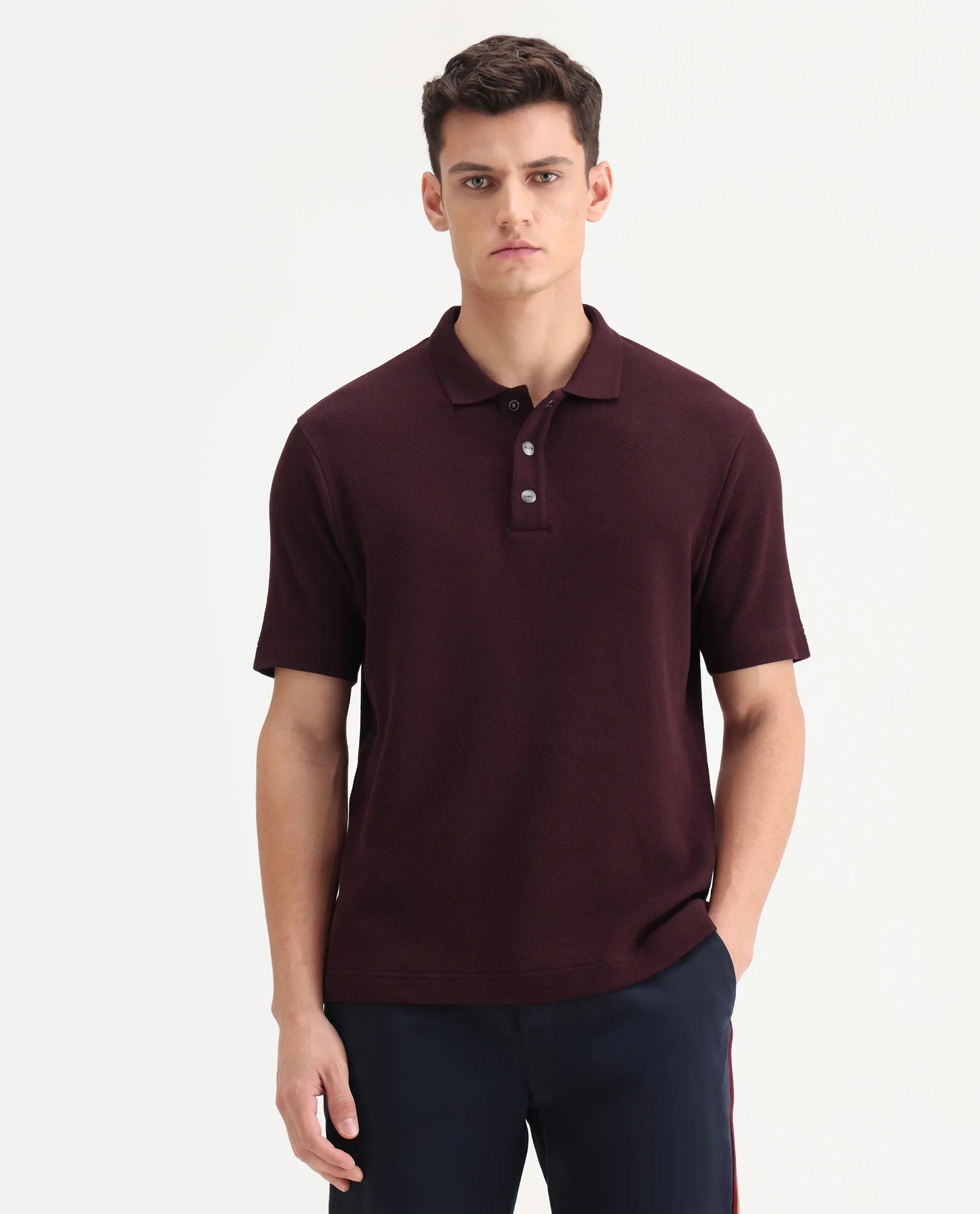 Rare Rabbit Men's Ania Dark Maroon Cotton Plain Regular Fit Half Sleeve Polo