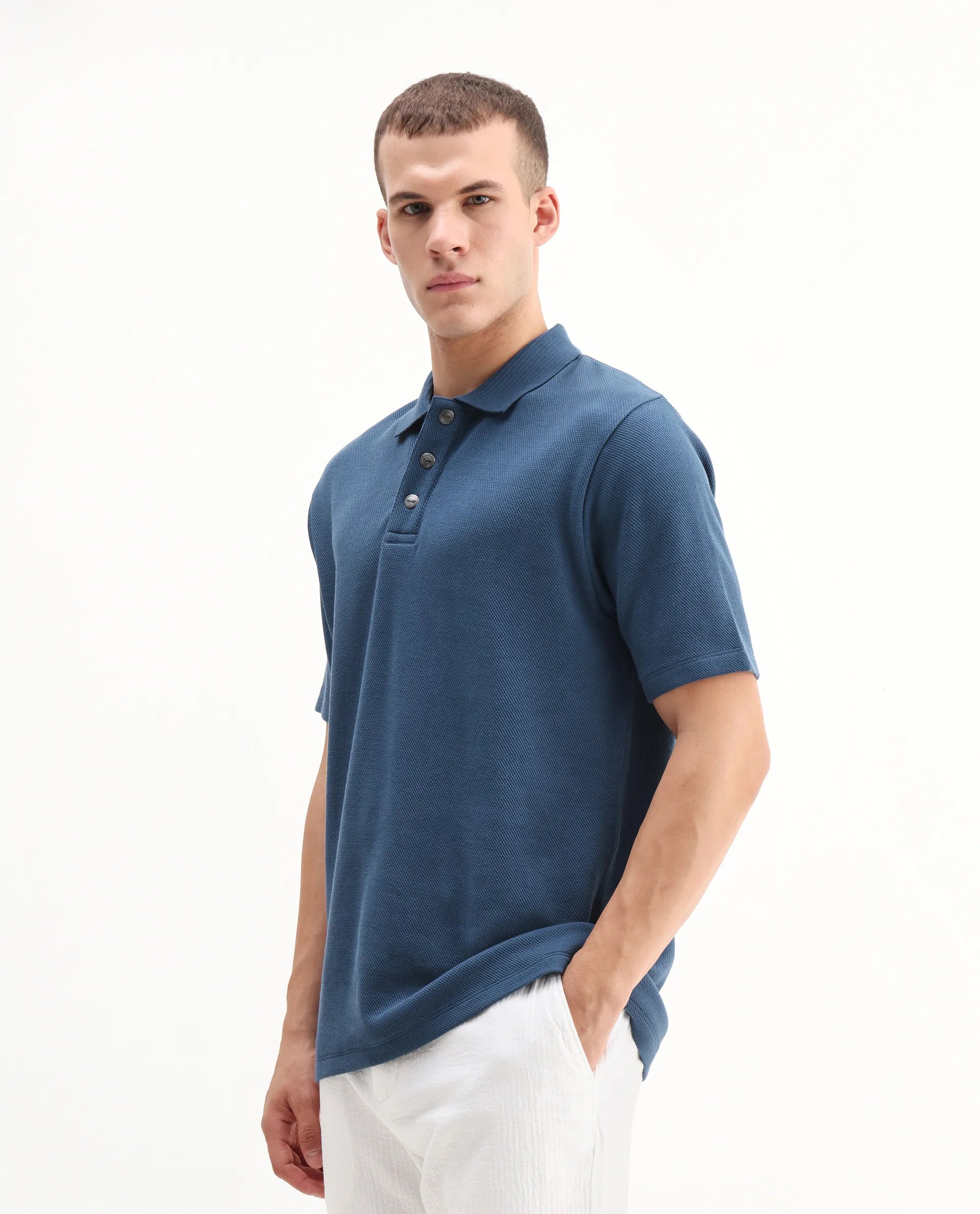 Rare Rabbit Men's Ania Teal Cotton Plain Regular Fit Half Sleeve Polo