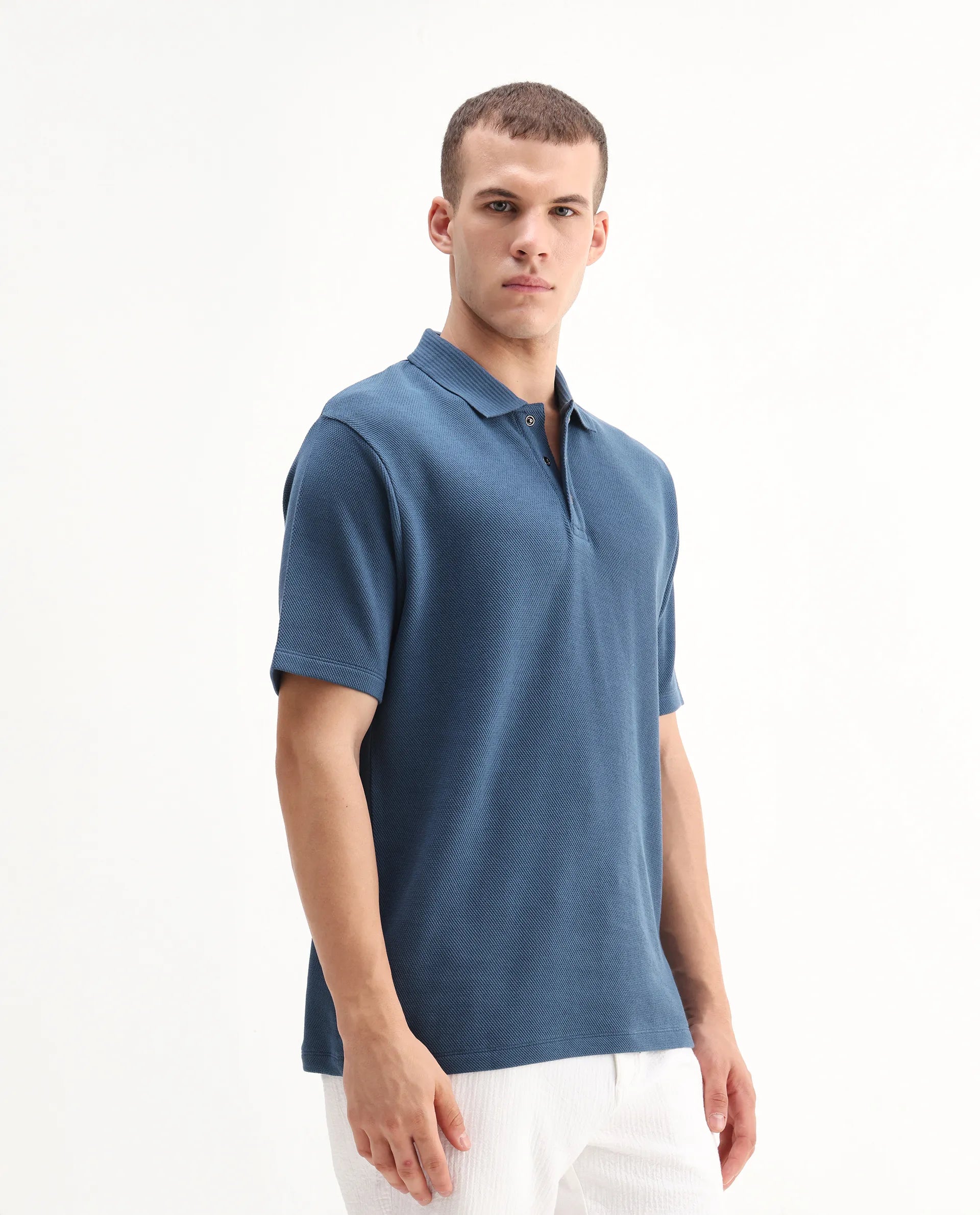 Rare Rabbit Men's Ania Teal Cotton Plain Regular Fit Half Sleeve Polo