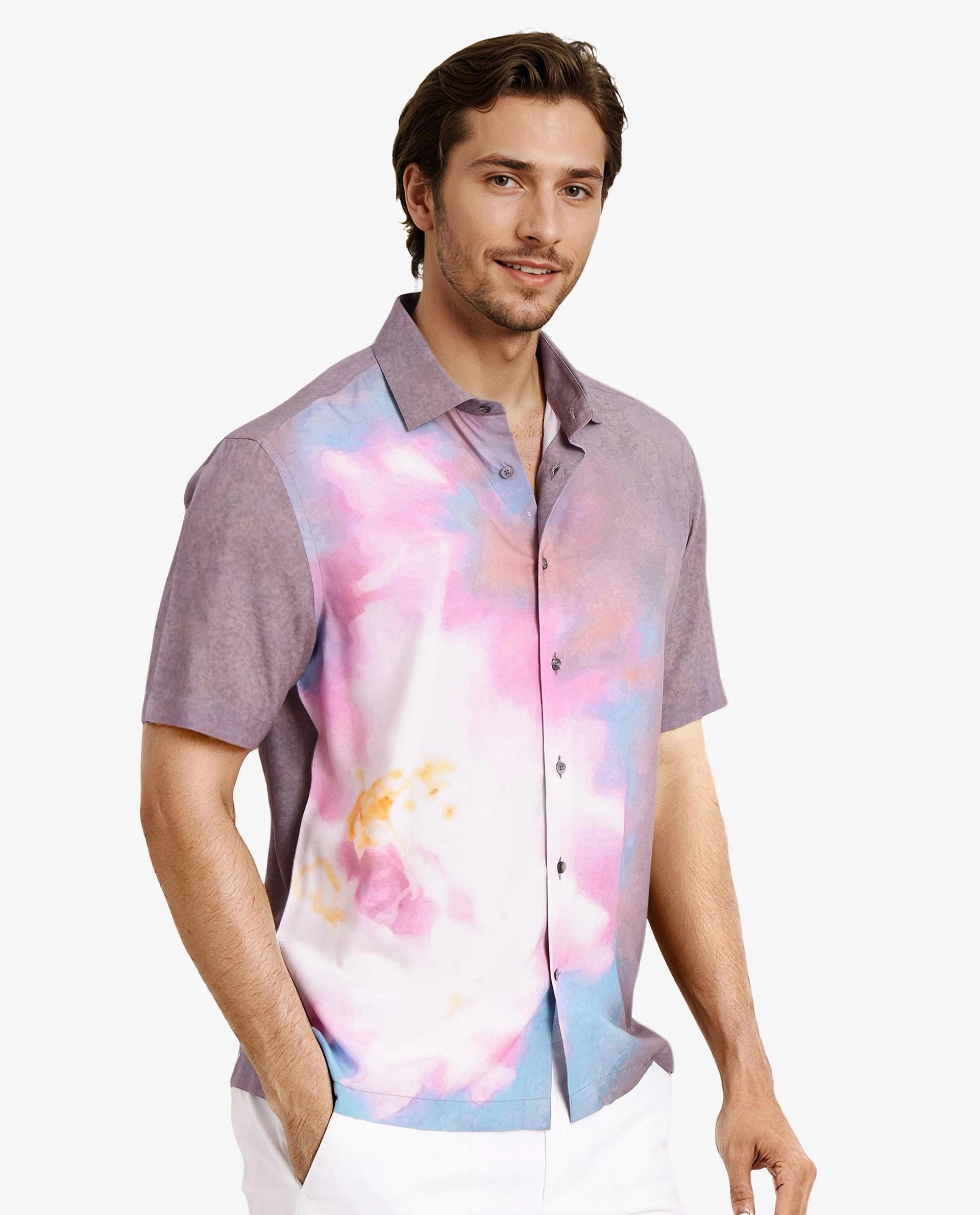 Rare Rabbit Men's Ankaa Grey Viscose Fabric Regular Collar Short Sleeve Abstract Ombre Print Shirt