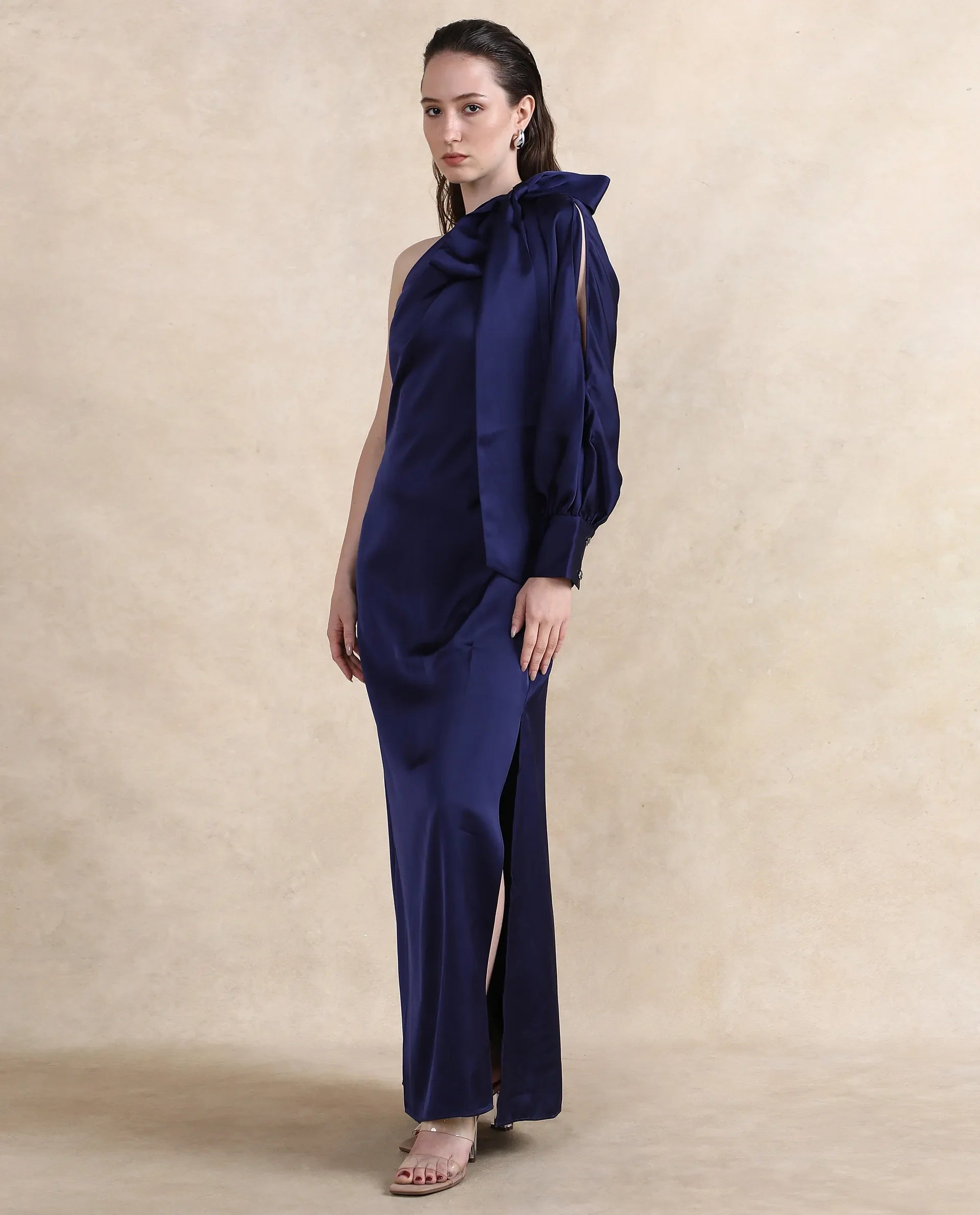 Rareism Women's Ankara Navy Satin Fabric One Shoulder Zipper Closure One Shoulder Dyed Straight Fit Maxi Dress