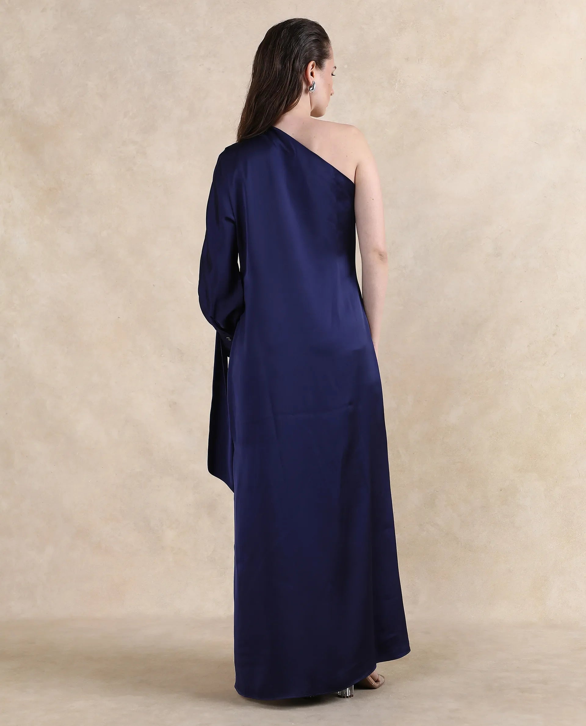 Rareism Women's Ankara Navy Satin Fabric One Shoulder Zipper Closure One Shoulder Dyed Straight Fit Maxi Dress