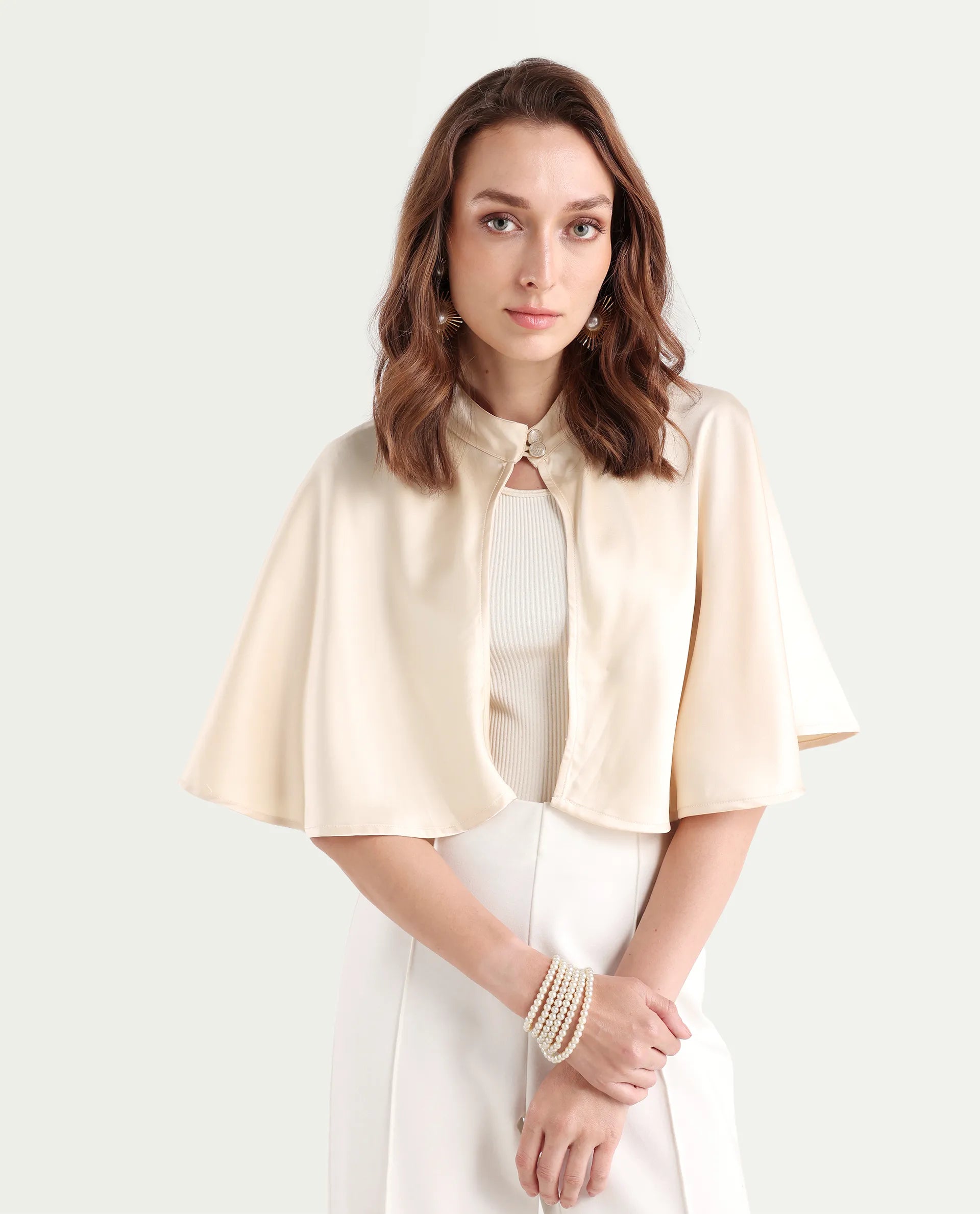 Rareism Women's Antali Beige Satin High Neck Plain Cape Sleeve Crop Boxy Fit Jacket