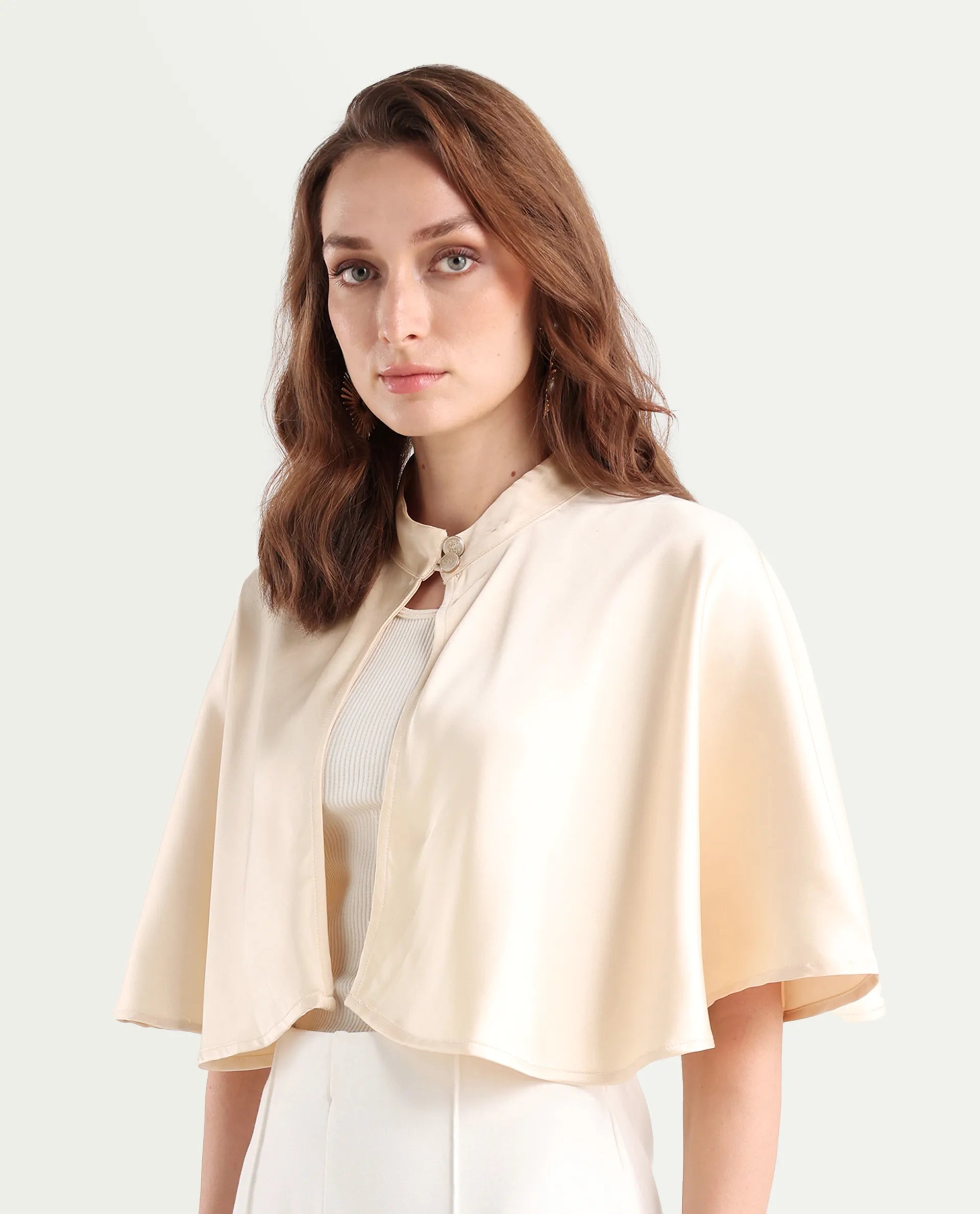 Rareism Women's Antali Beige Satin High Neck Plain Cape Sleeve Crop Boxy Fit Jacket