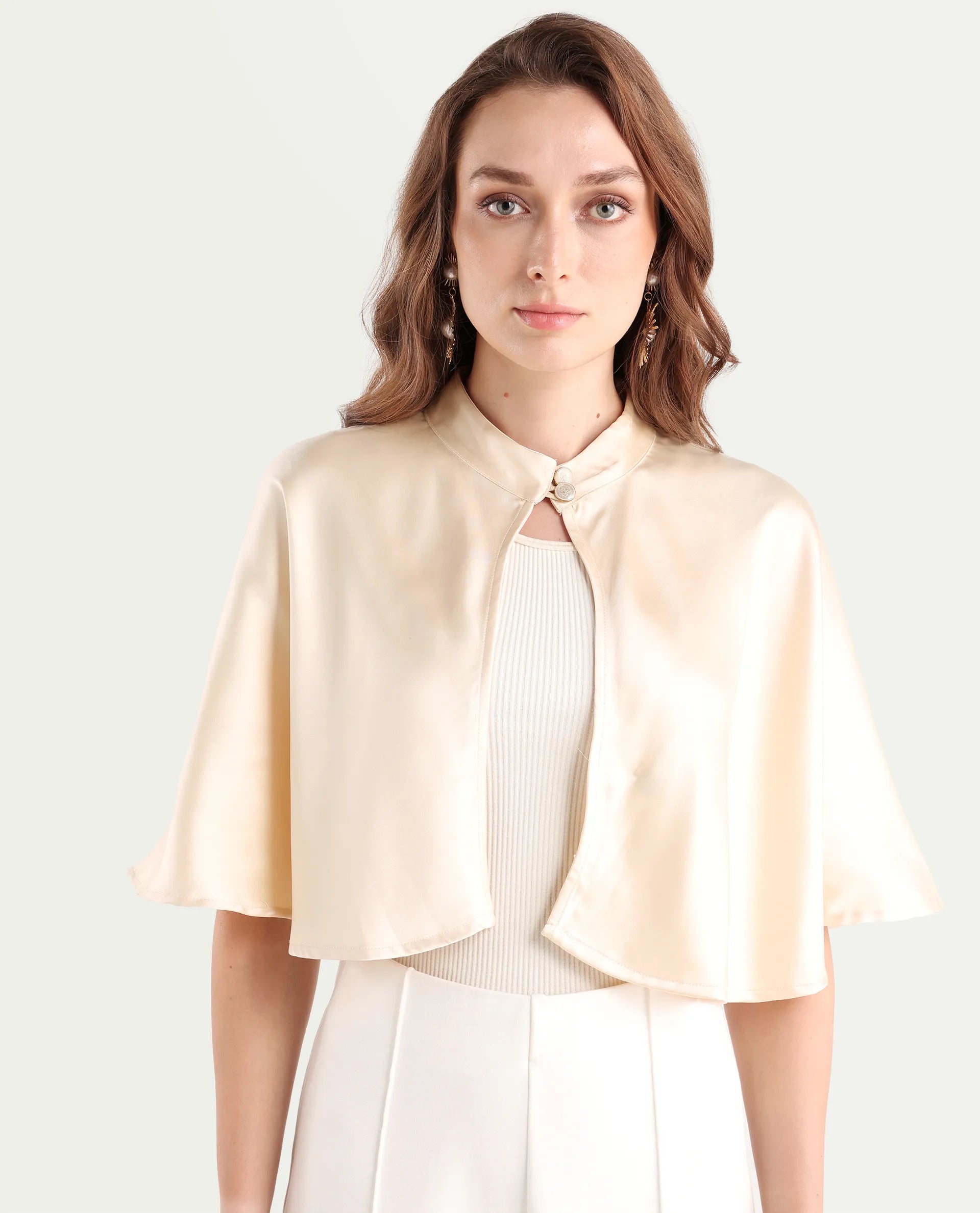 Rareism Women's Antali Beige Satin High Neck Plain Cape Sleeve Crop Boxy Fit Jacket