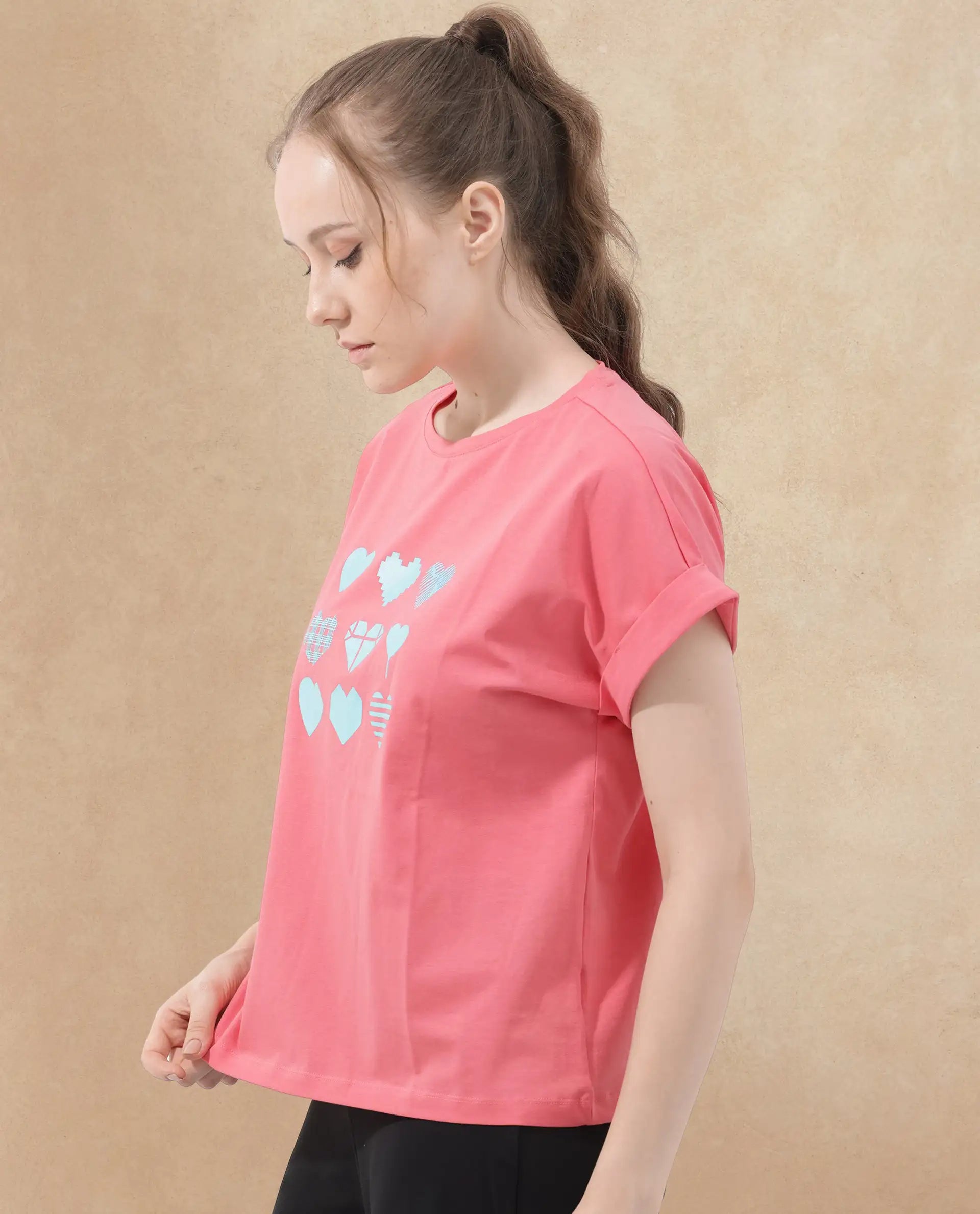 Rareism Women's Antilot Peach Cotton Blend Crew Neck Graphic Print Extended Sleeves Regular Fit T-Shirt