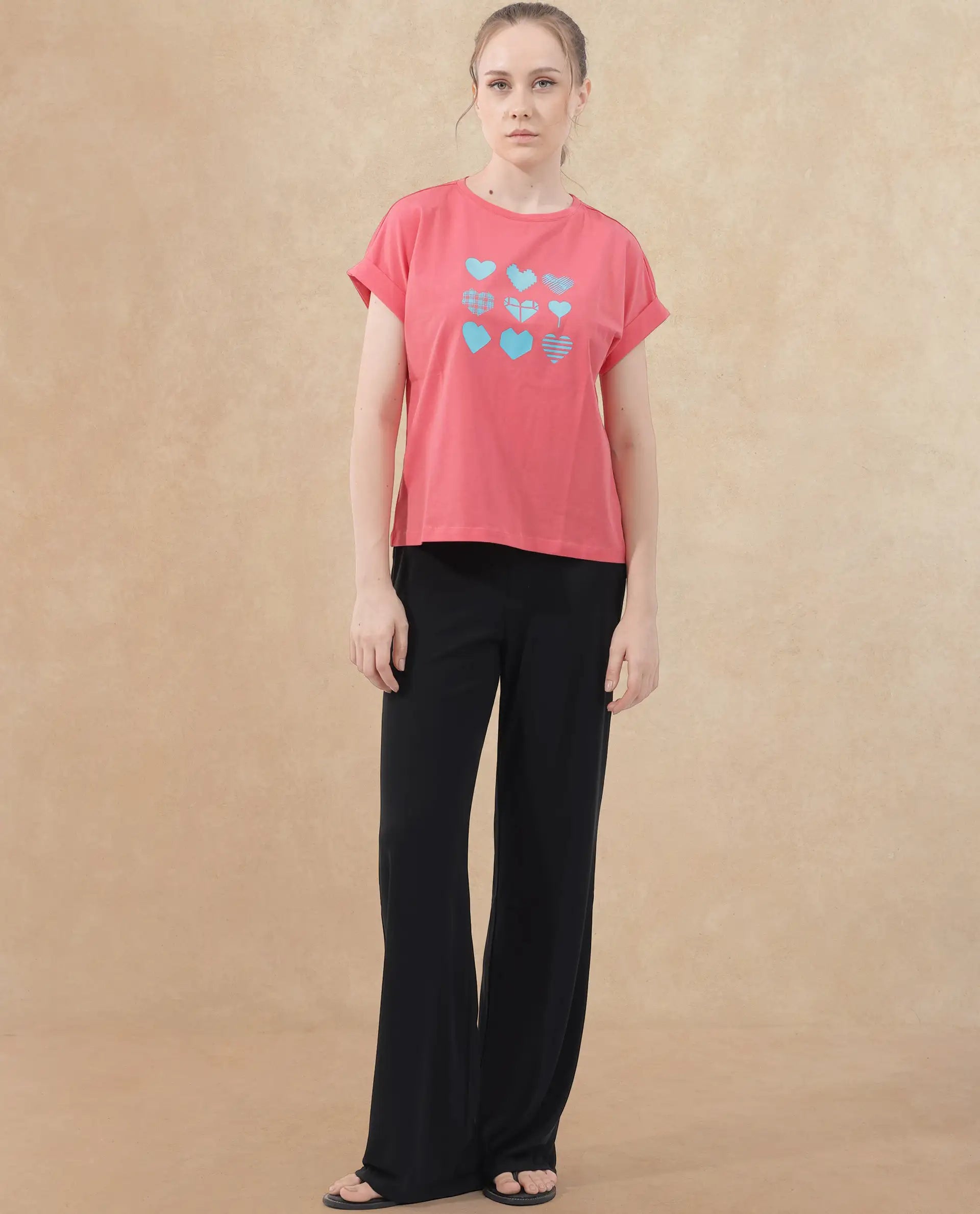 Rareism Women's Antilot Peach Cotton Blend Crew Neck Graphic Print Extended Sleeves Regular Fit T-Shirt