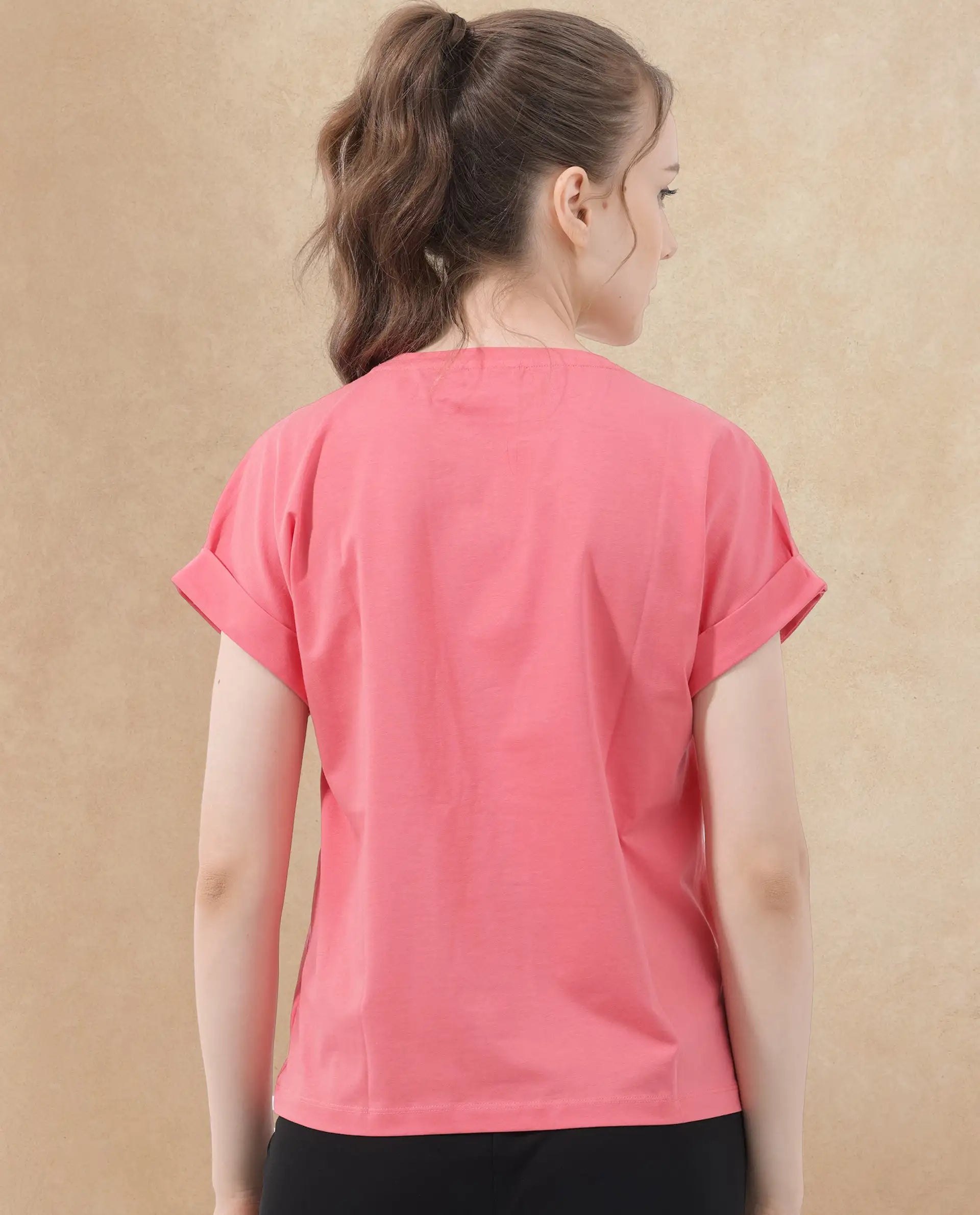 Rareism Women's Antilot Peach Cotton Blend Crew Neck Graphic Print Extended Sleeves Regular Fit T-Shirt