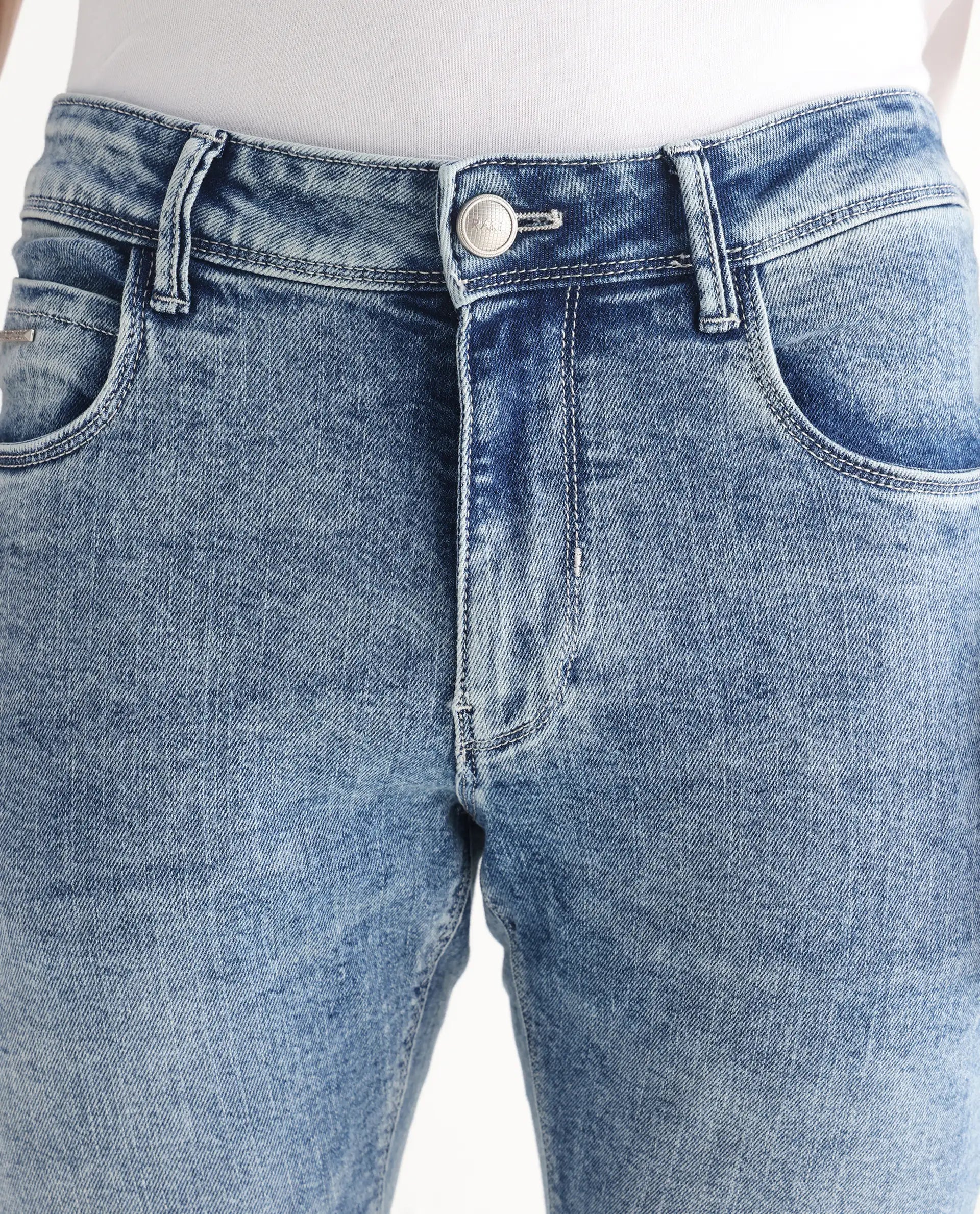 Rare Rabbit Men's Anton Light Blue Cotton Blend Plain Hawk Slim Fit Jeans